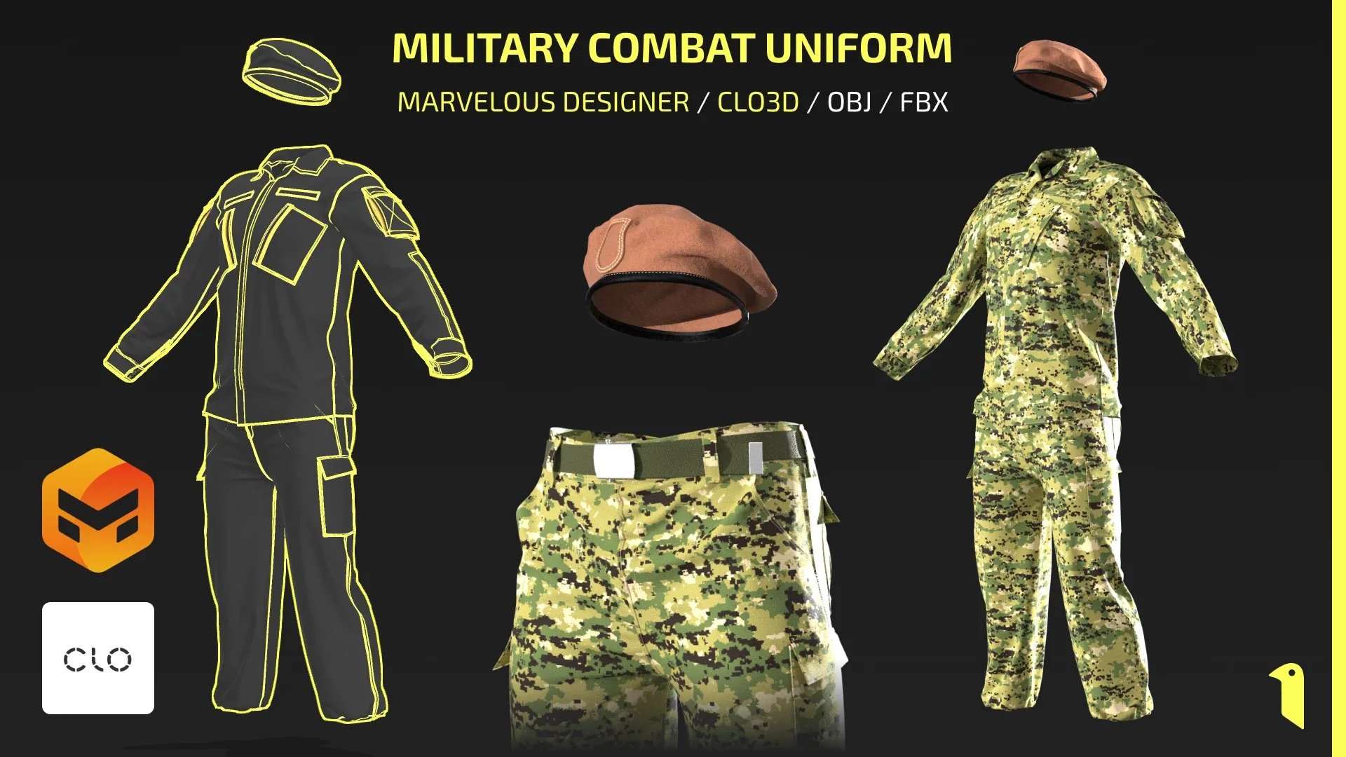 Military Combat Uniform - A Pose - Marvelous / Clo3D / OBJ / FBX