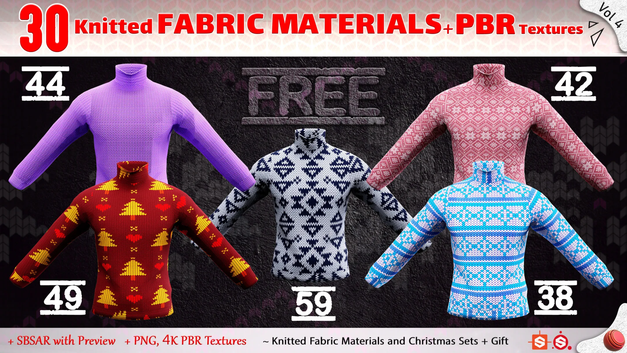 5 Free Knitted Fabric Materials + PBR Textures (part of Vol 4)