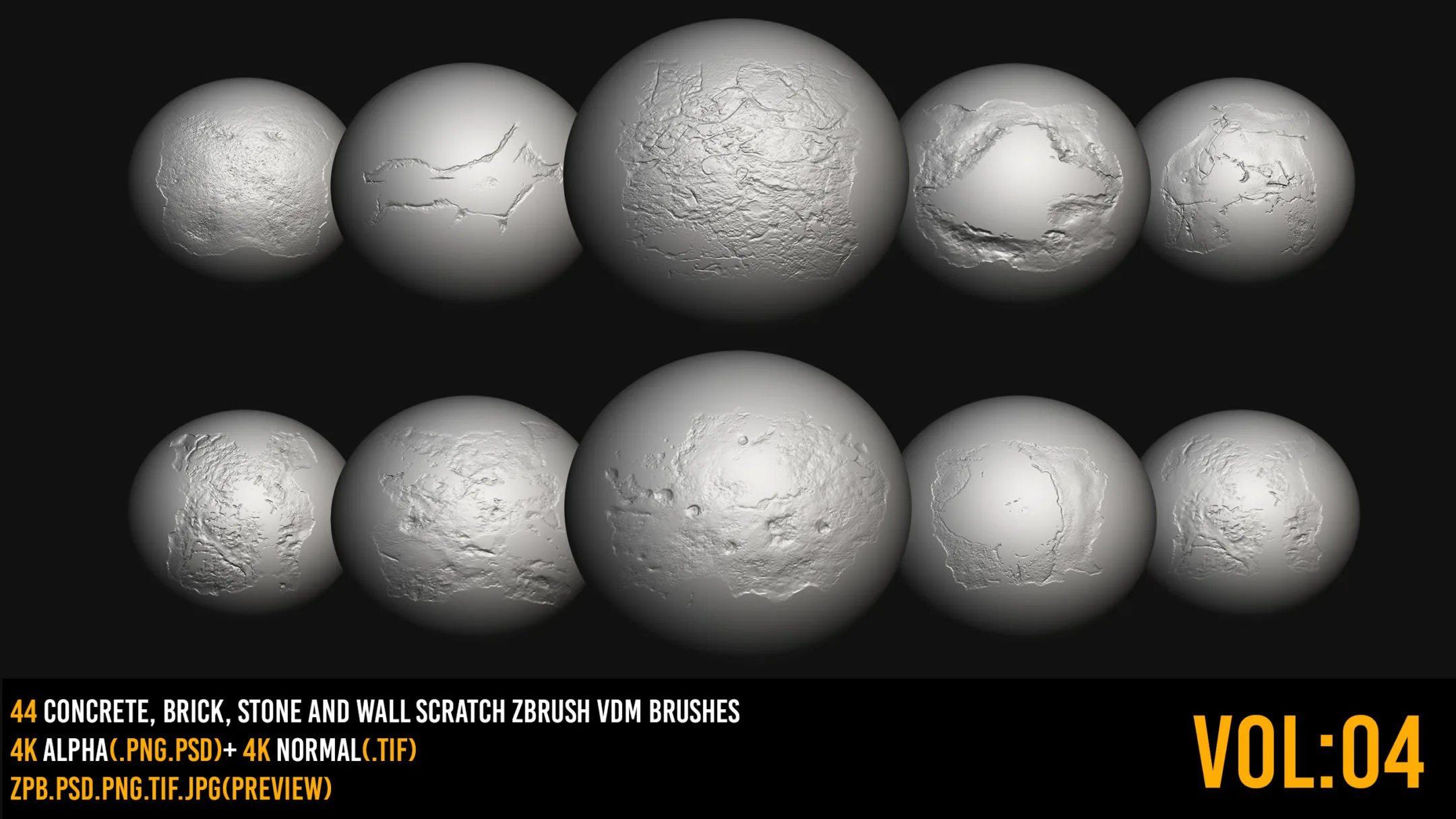 44 Zbrush Scratch And Crack Alphas + VDM brushes+ 4k normal - VOL 04