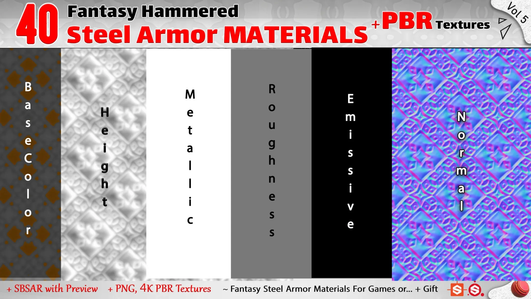 40 Fantasy Steel Armor Materials + PBR Textures (Practical & Unique) - Vol 5