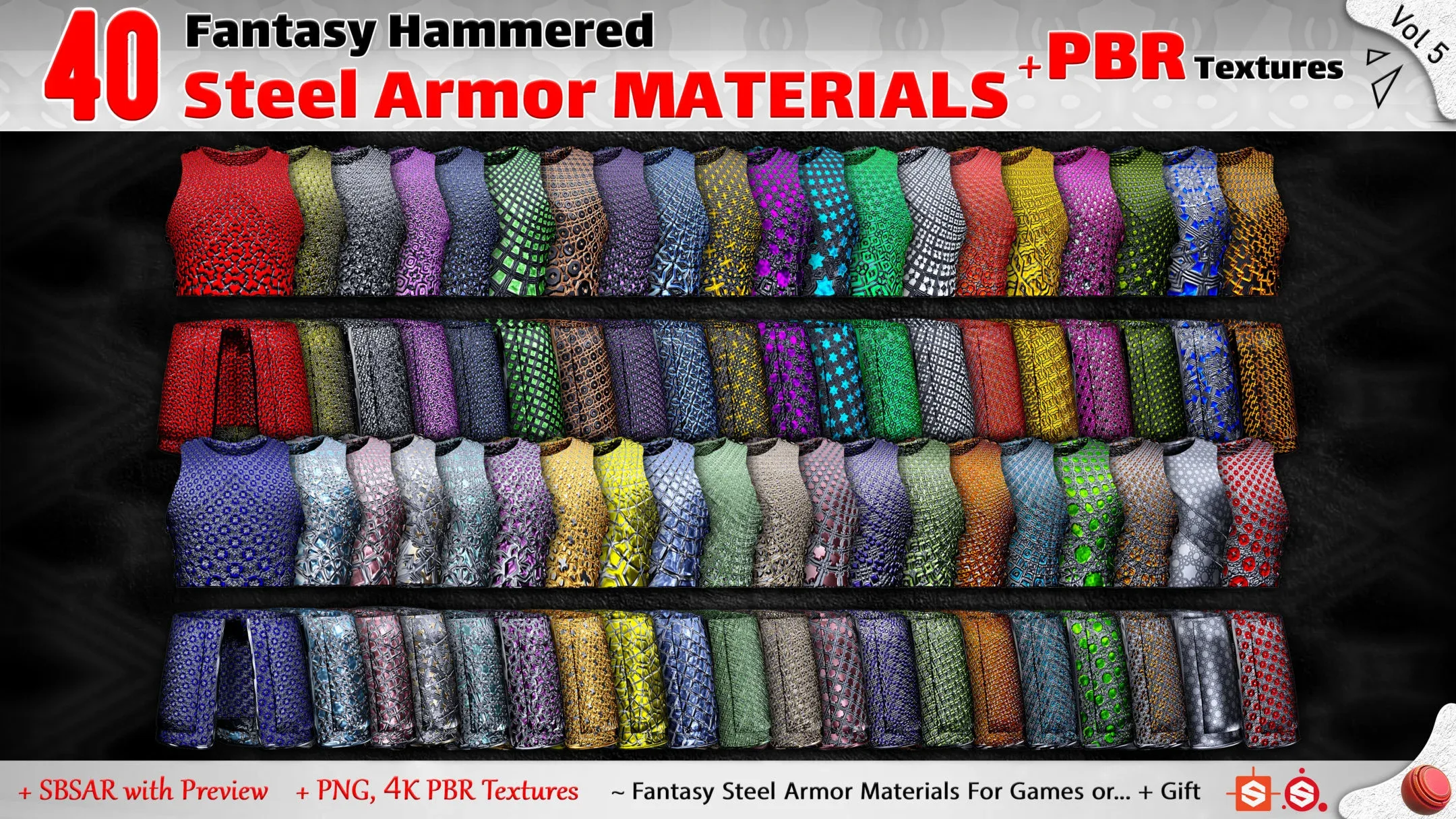 40 Fantasy Steel Armor Materials + PBR Textures (Practical & Unique) - Vol 5