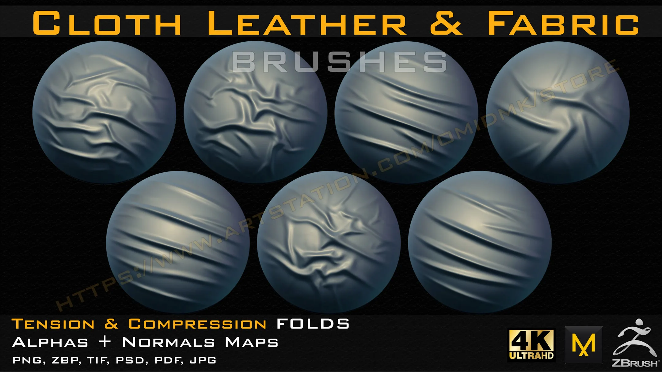 50 Different types of Cloth, Leather & Fabric Brushes (4k) Tension & Compression Folds- Alpha V-02