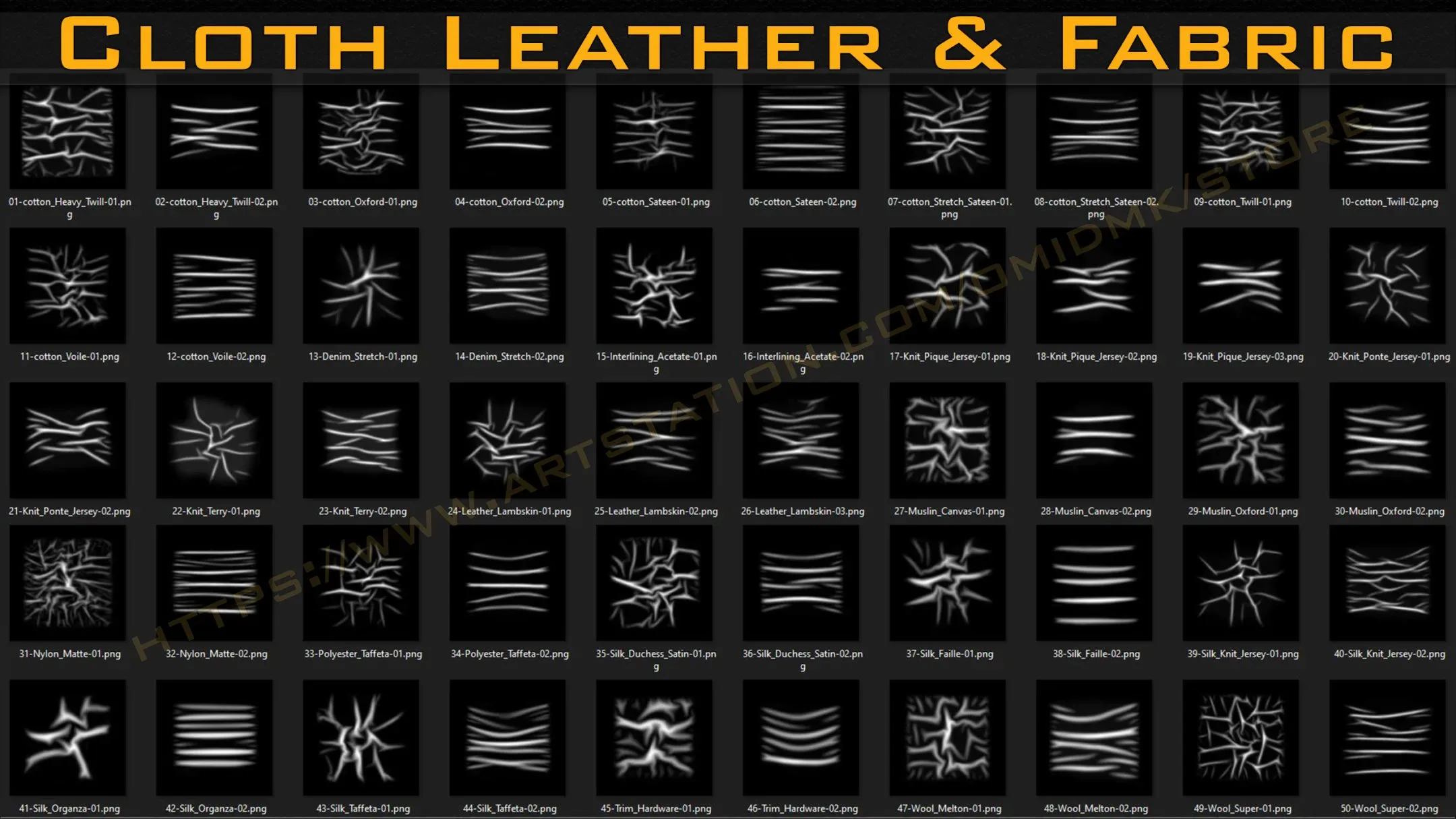 50 Different types of Cloth, Leather & Fabric Brushes (4k) Tension & Compression Folds- Alpha V-02