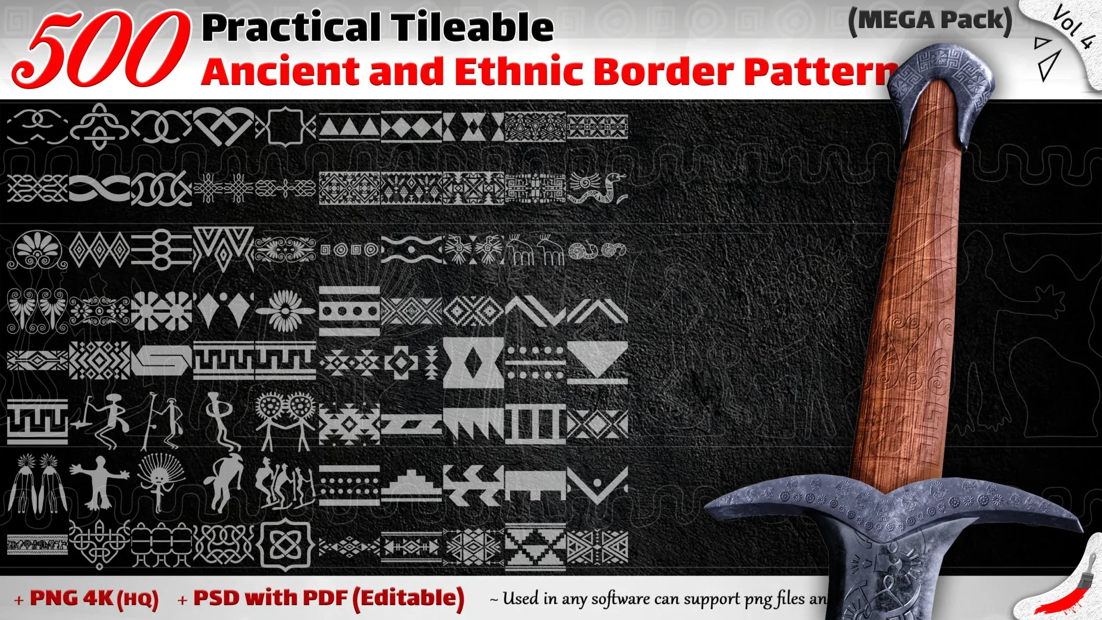 500 Practical Tileable Ancient and Ethnic Border Patterns (MEGA Pack) - Vol 4