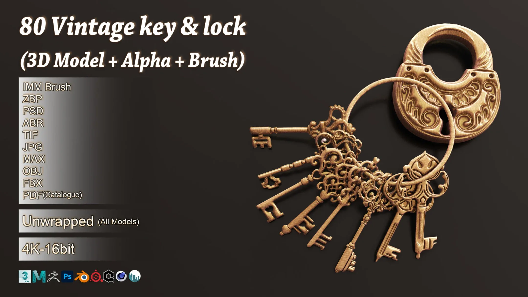 80 Vintage Key & Lock 3D Model + Alpha + Brush