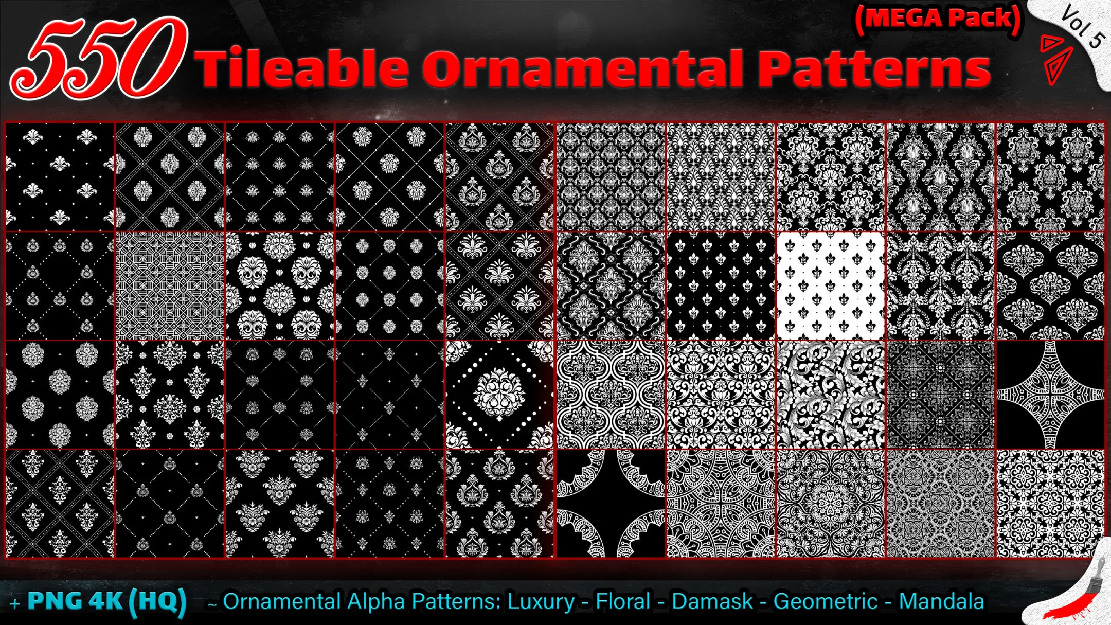 550 Tileable Ornamental Patterns (MEGA Pack) - Vol 5