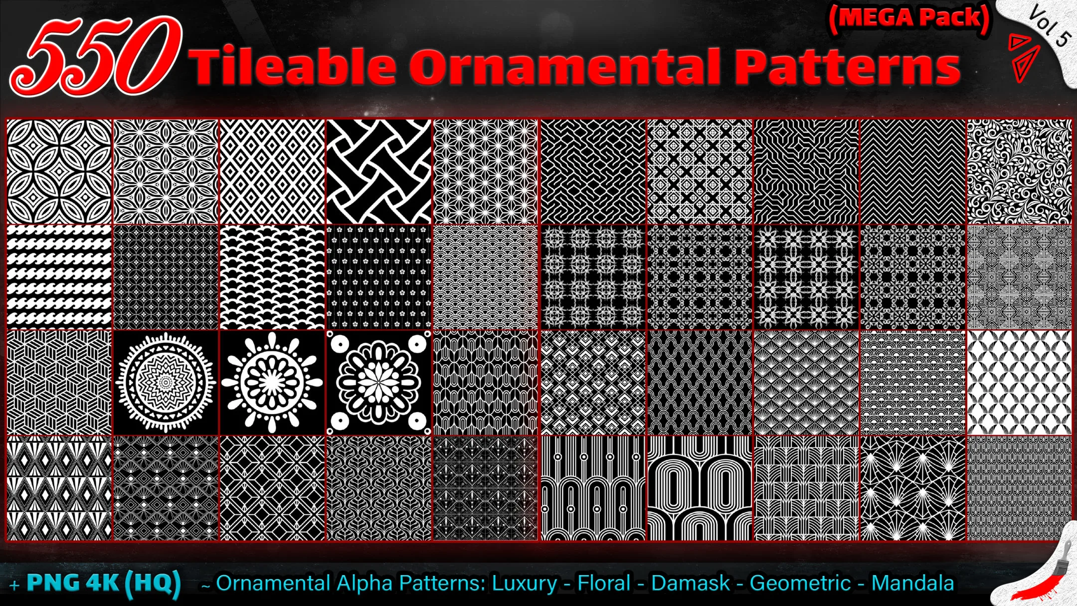 550 Tileable Ornamental Patterns (MEGA Pack) - Vol 5