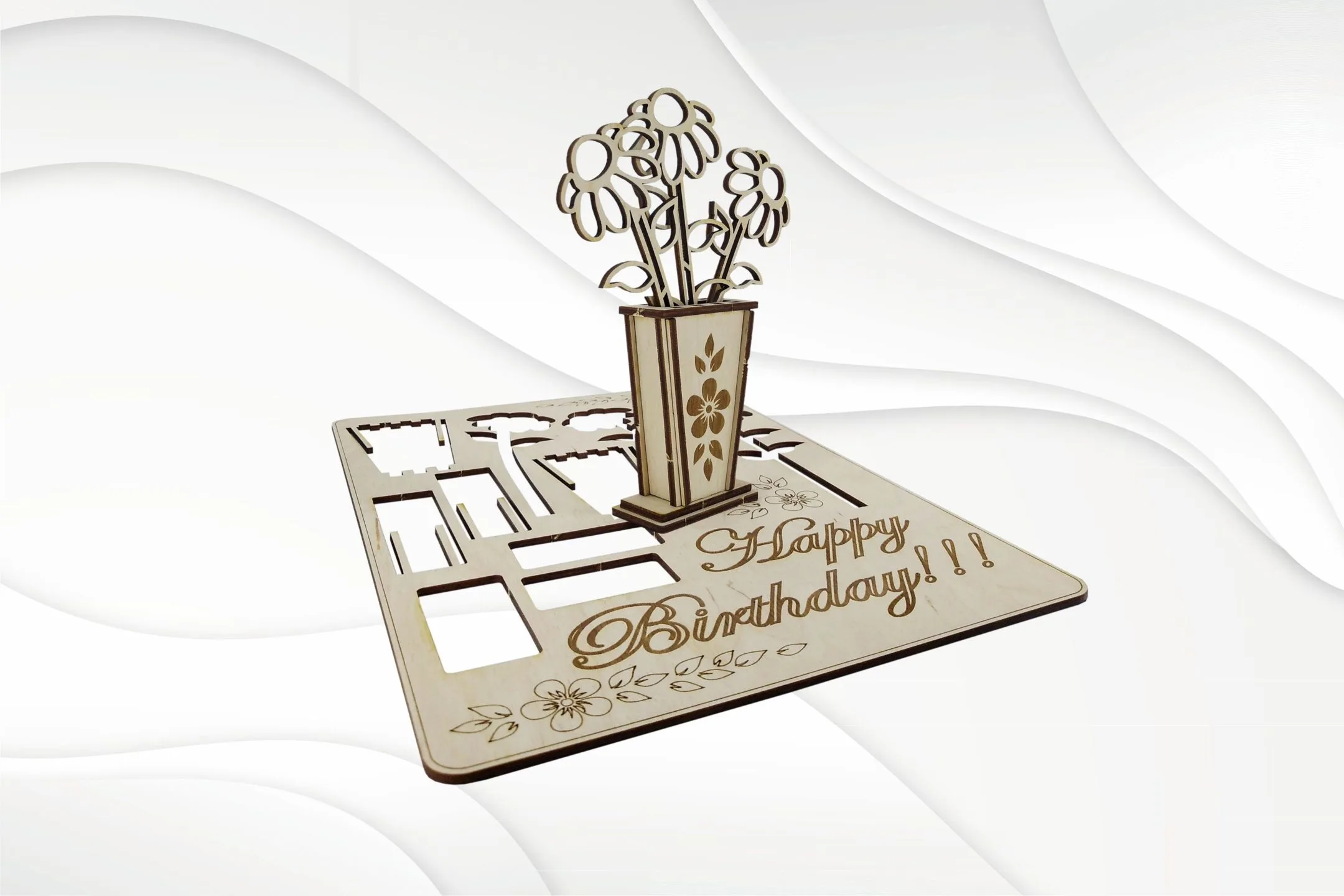 Birthday card svg dxf pattern fot laser cut. Birthday greeting laser cutting file, flowers laser plan, laser pattern. Digital model.