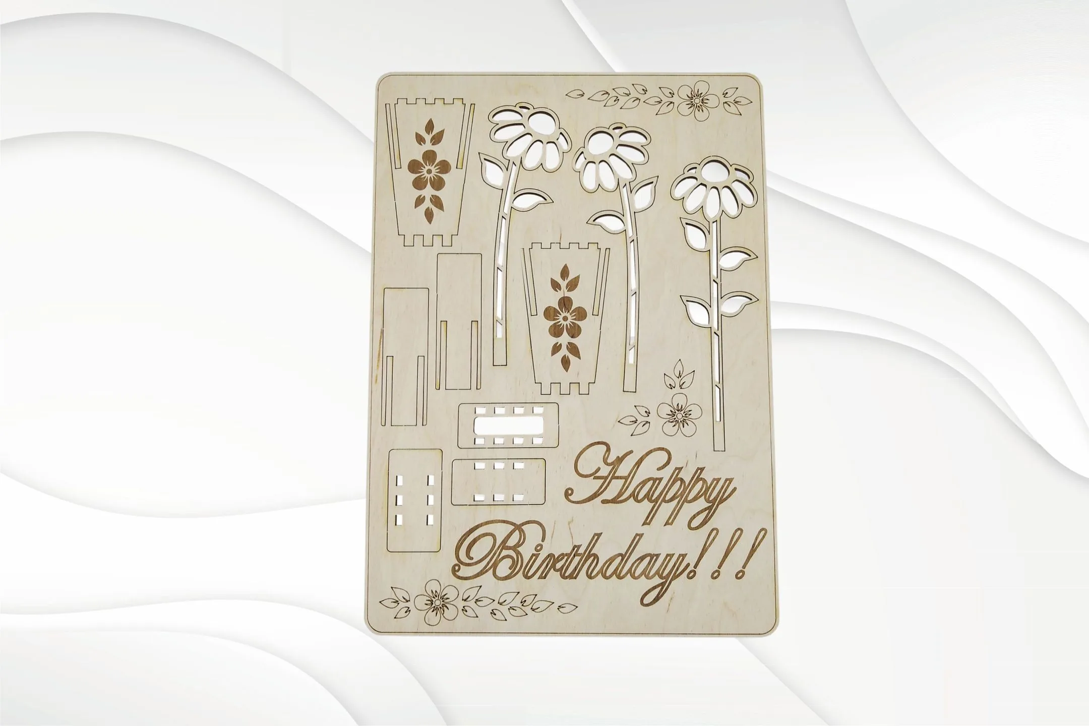 Birthday card svg dxf pattern fot laser cut. Birthday greeting laser cutting file, flowers laser plan, laser pattern. Digital model.