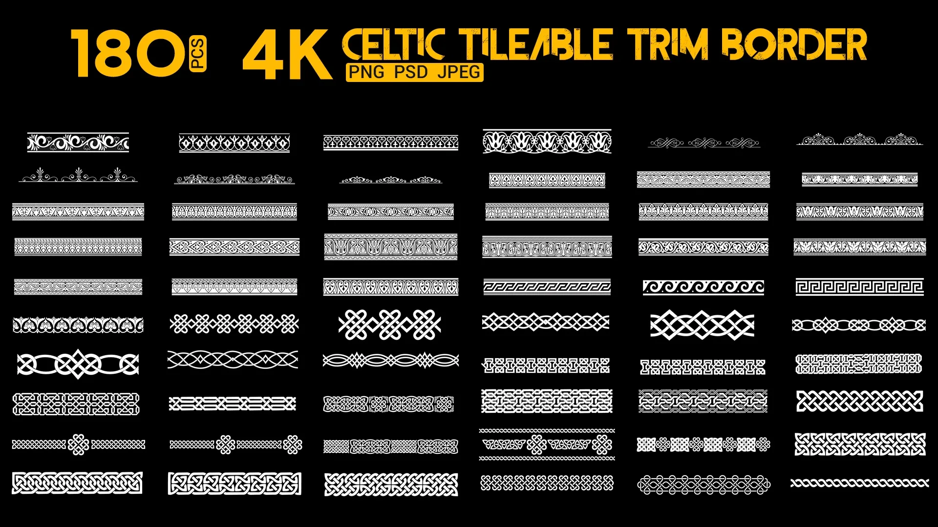 +180 4K Tileable Celtic Trim and Pattern Borders PNG + PSD + JPG + Creating Video Tutorial