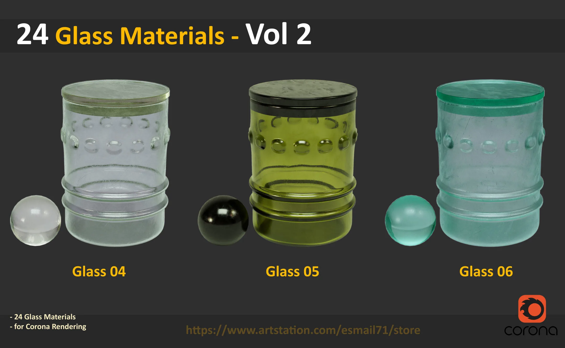 24 Glass Materials - Vol 2 ( for Corona Render )