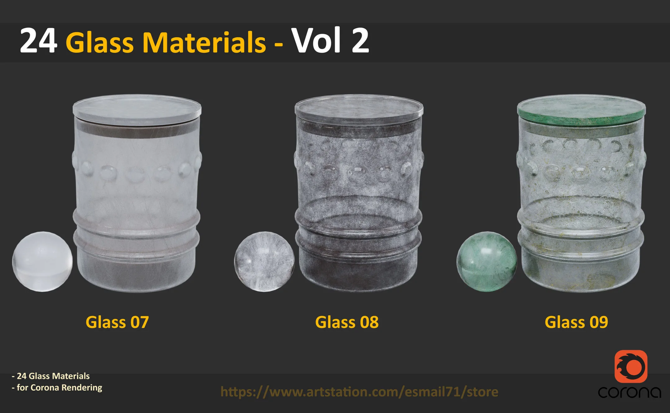 24 Glass Materials - Vol 2 ( for Corona Render )