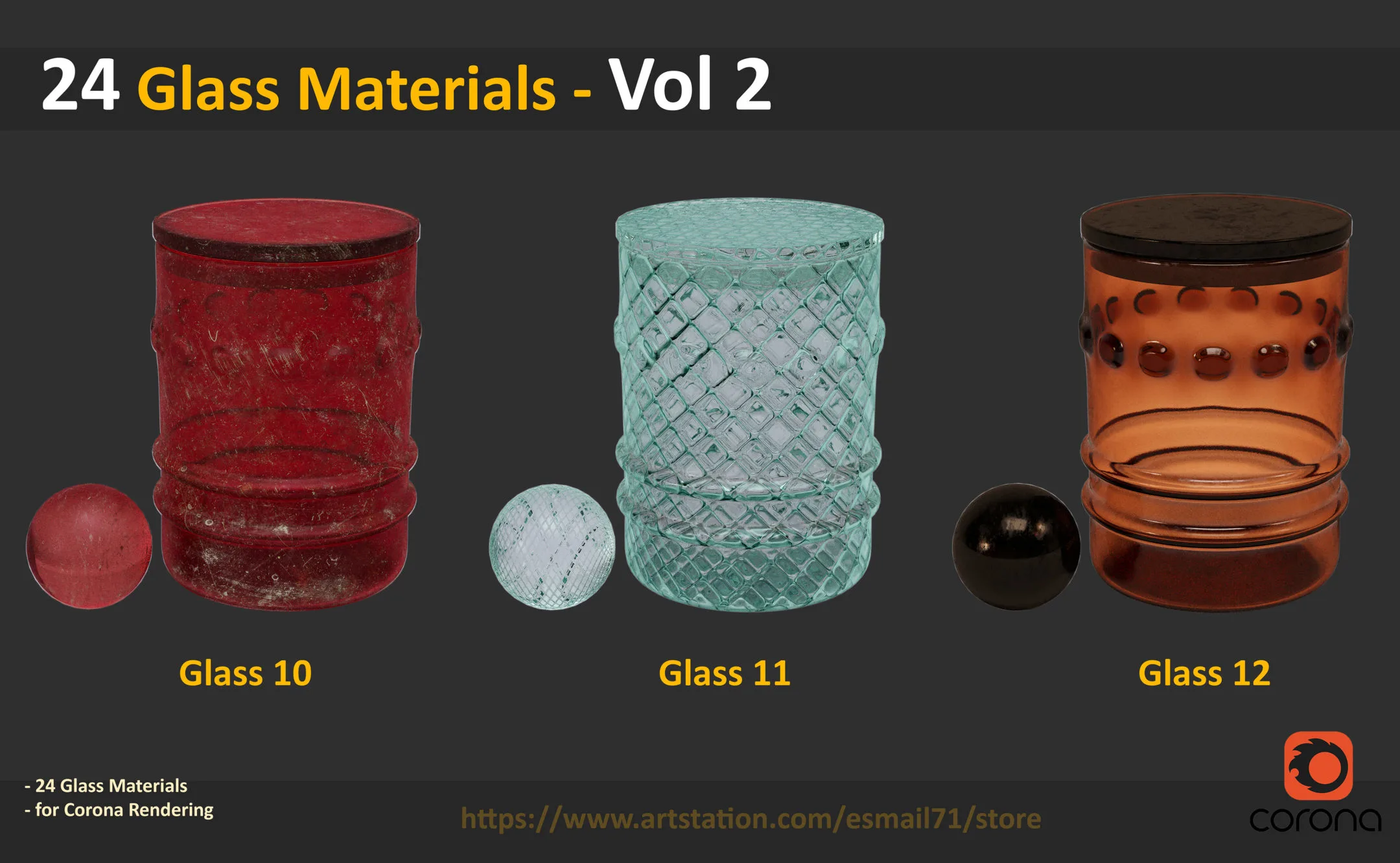 24 Glass Materials - Vol 2 ( for Corona Render )