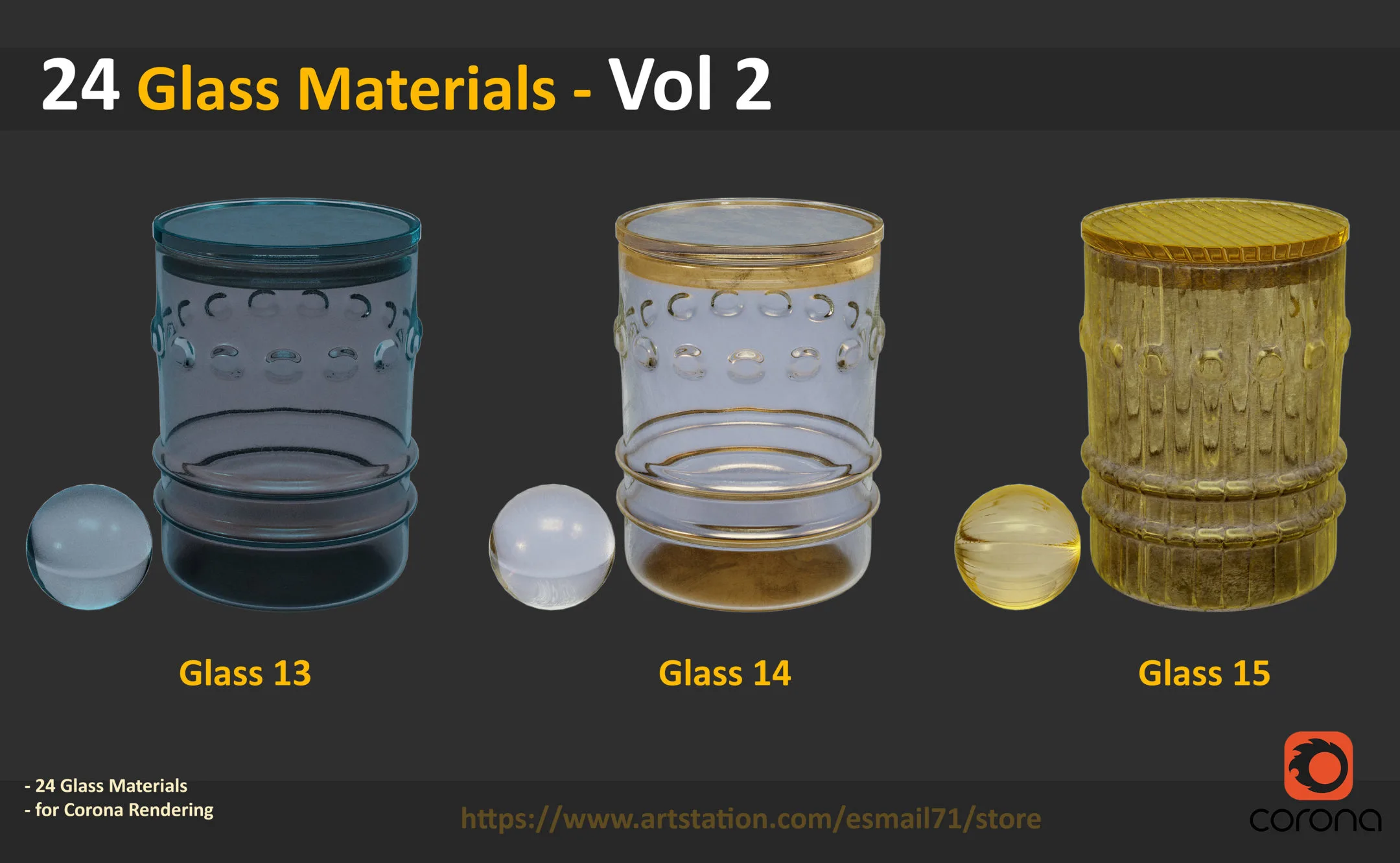 24 Glass Materials - Vol 2 ( for Corona Render )