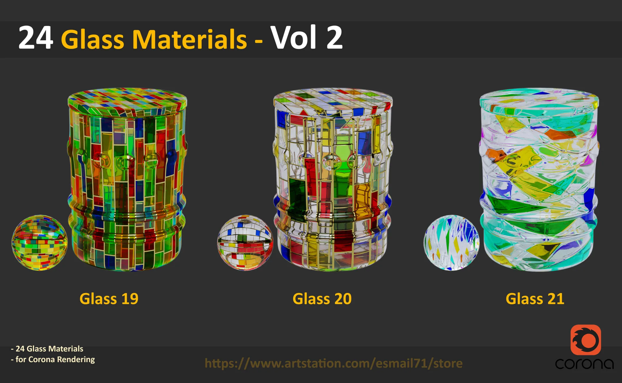 24 Glass Materials - Vol 2 ( for Corona Render )