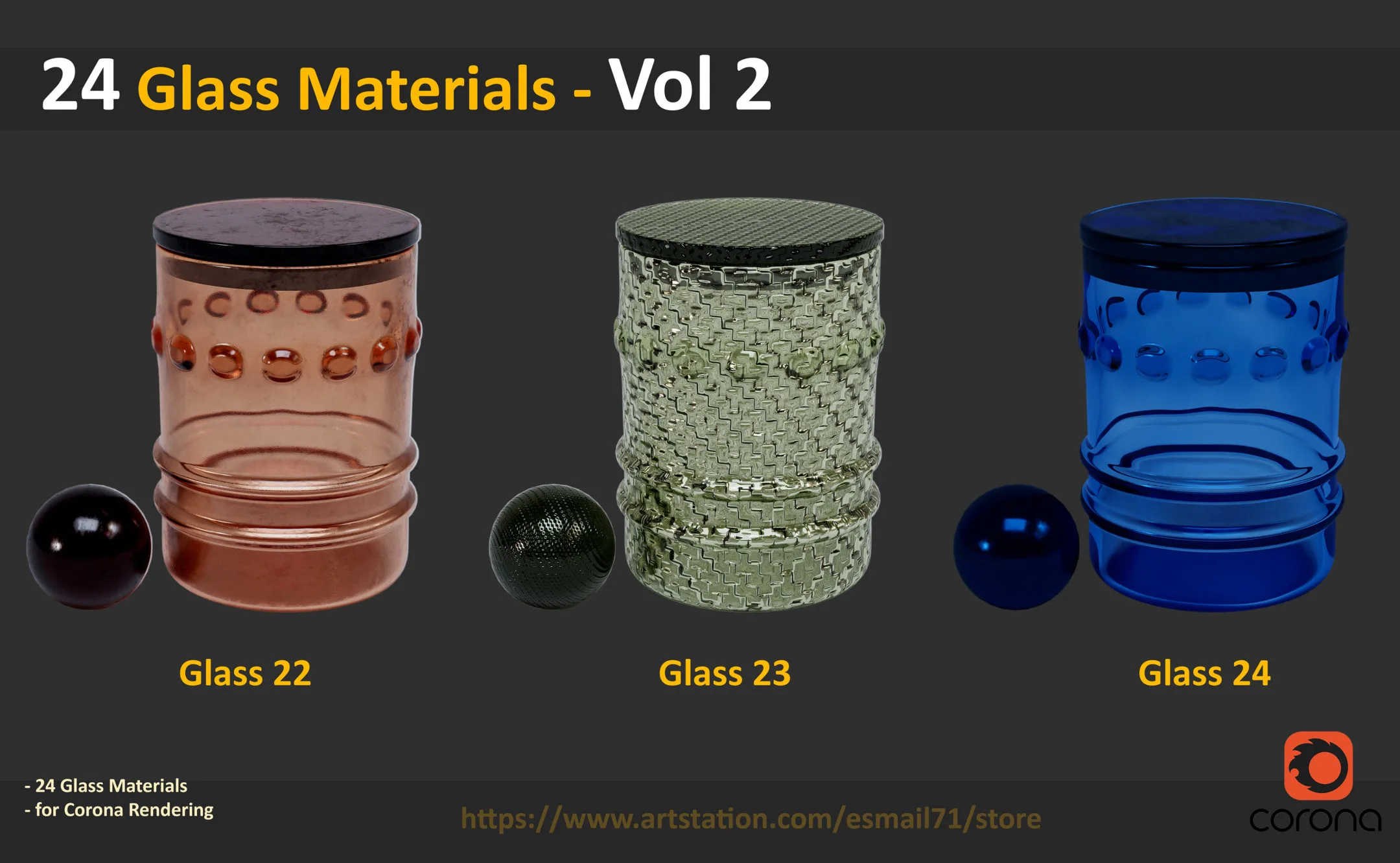 24 Glass Materials - Vol 2 ( for Corona Render )