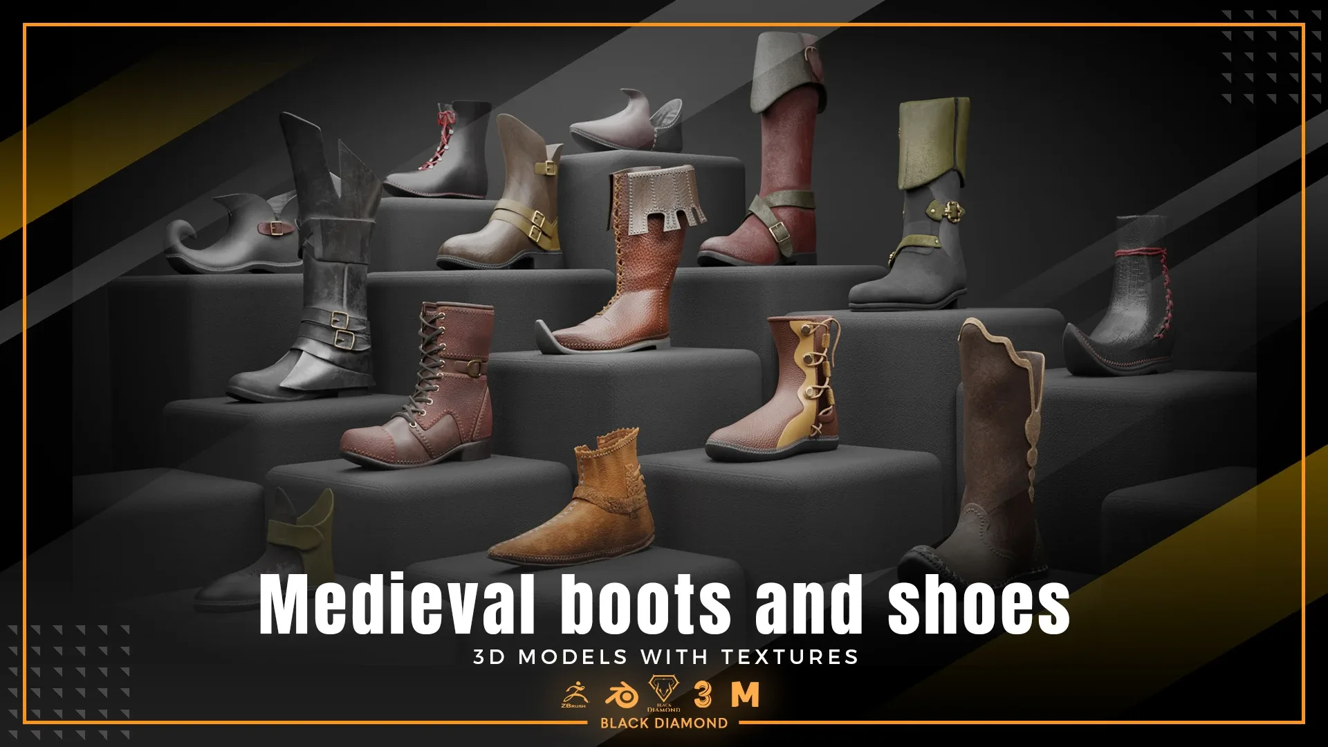 Medieval boots and shoes 3d model + Textures