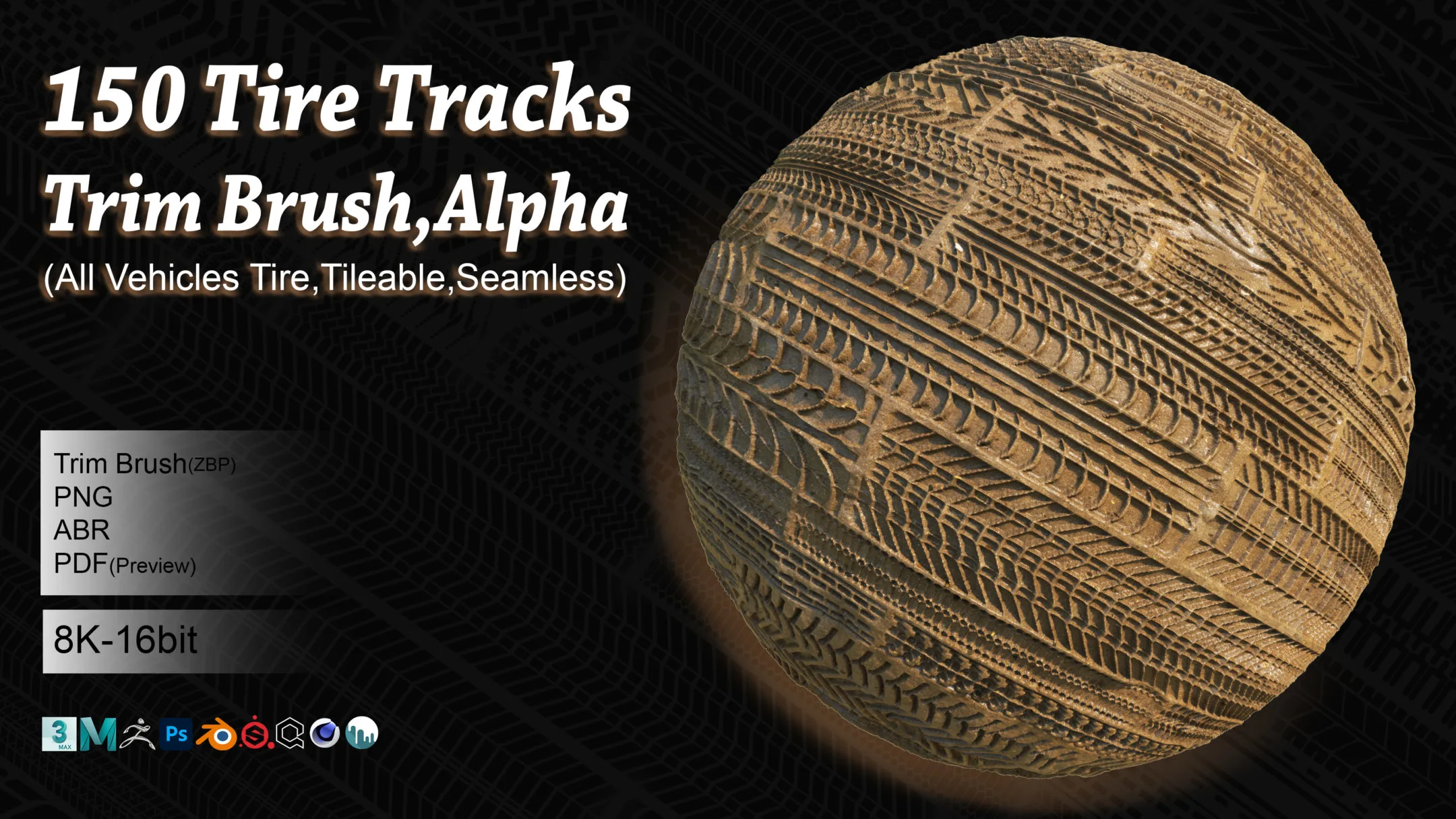 150 Tire tracks trim brush,alpha & Photoshop Brush(ABR)
