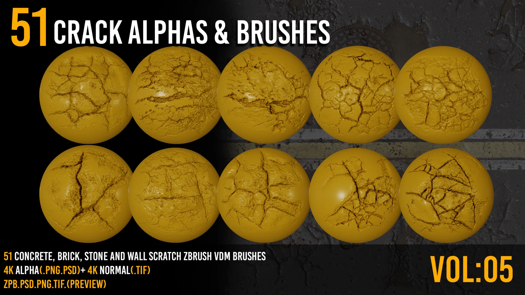 51 Zbrush Crack Brushes + 4k alpha FlippedNormals