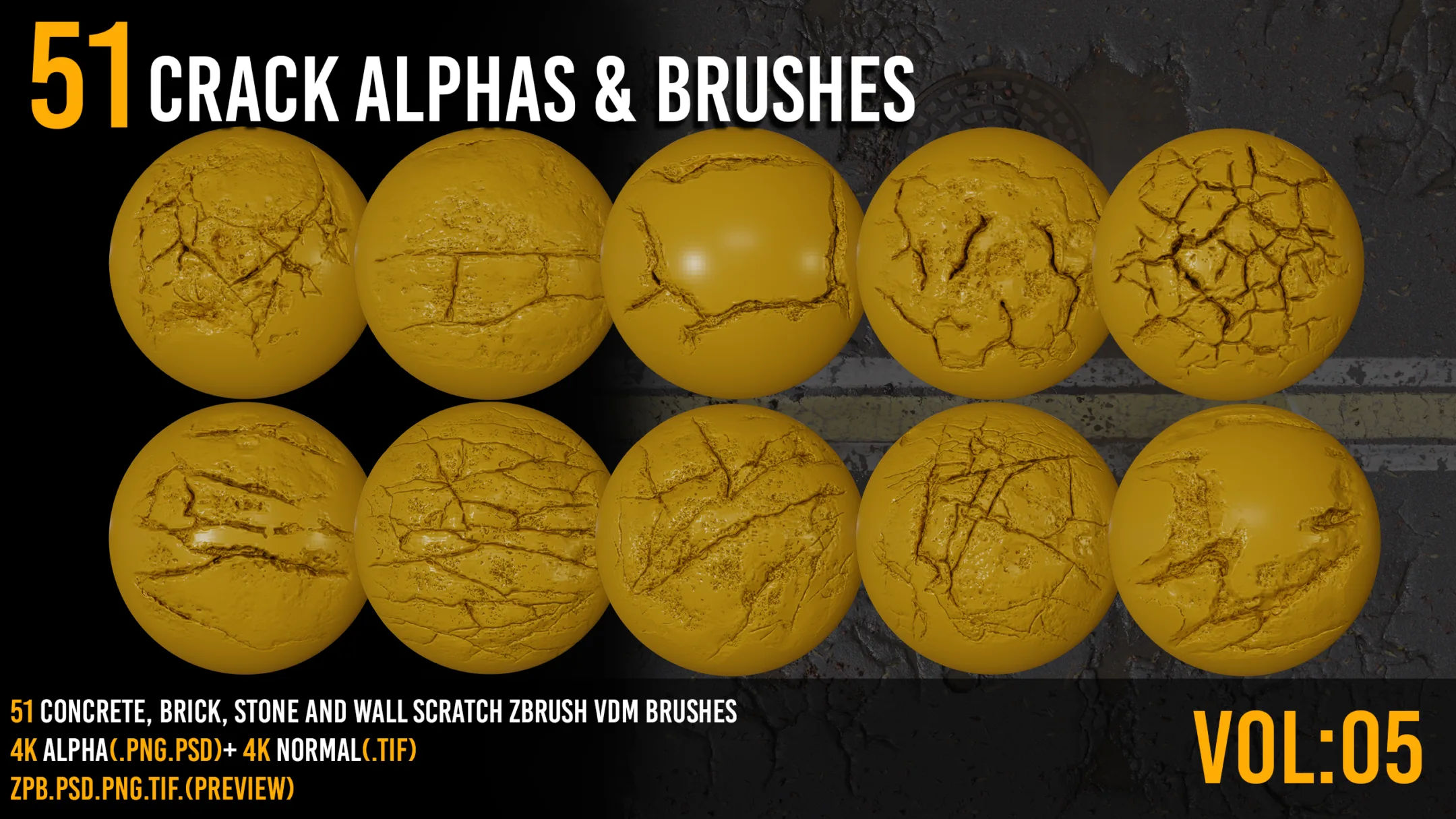 51 Zbrush Crack Brushes + 4k alpha + 4k normal - VOL 05