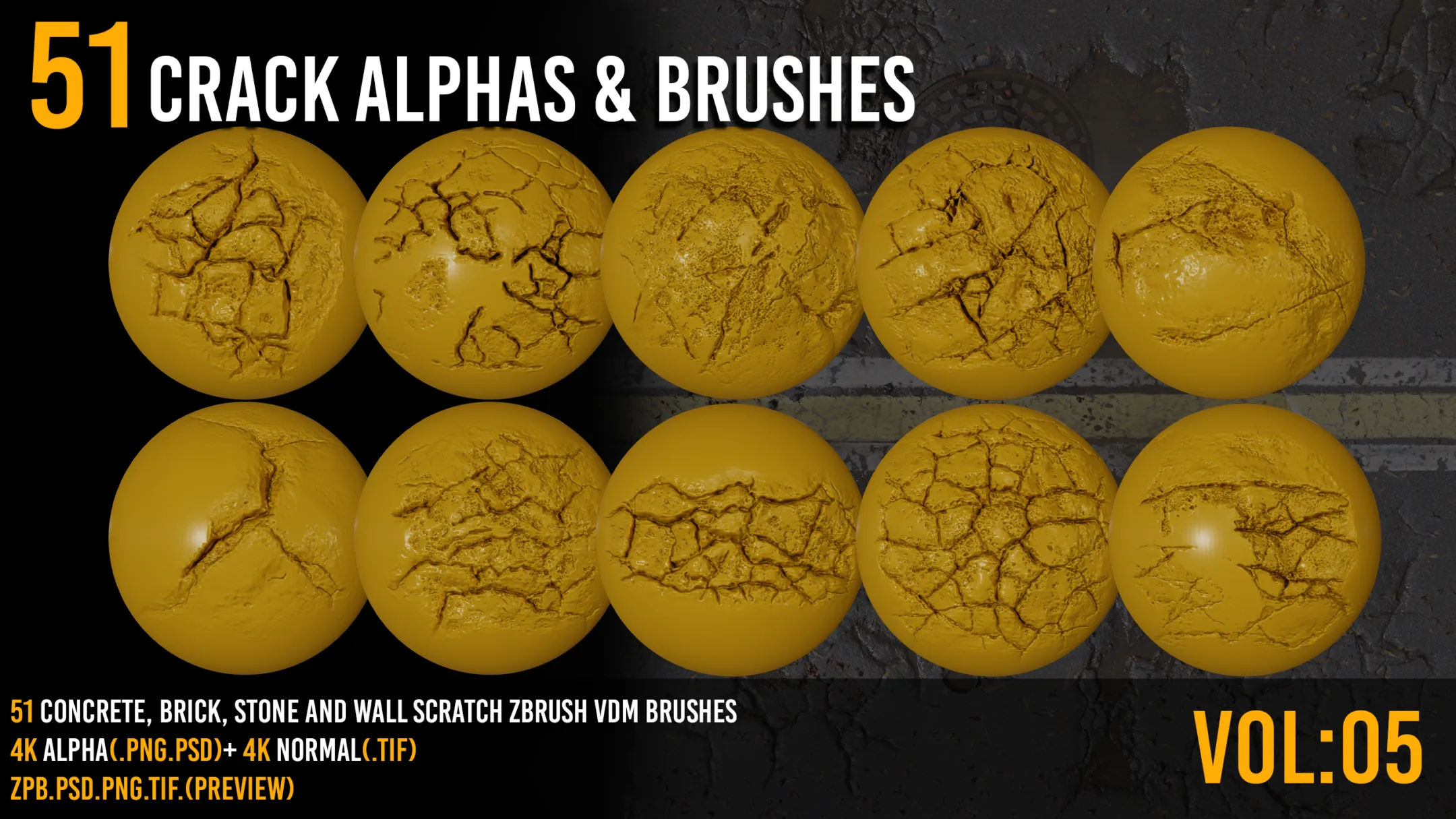 51 Zbrush Crack Brushes + 4k alpha + 4k normal - VOL 05