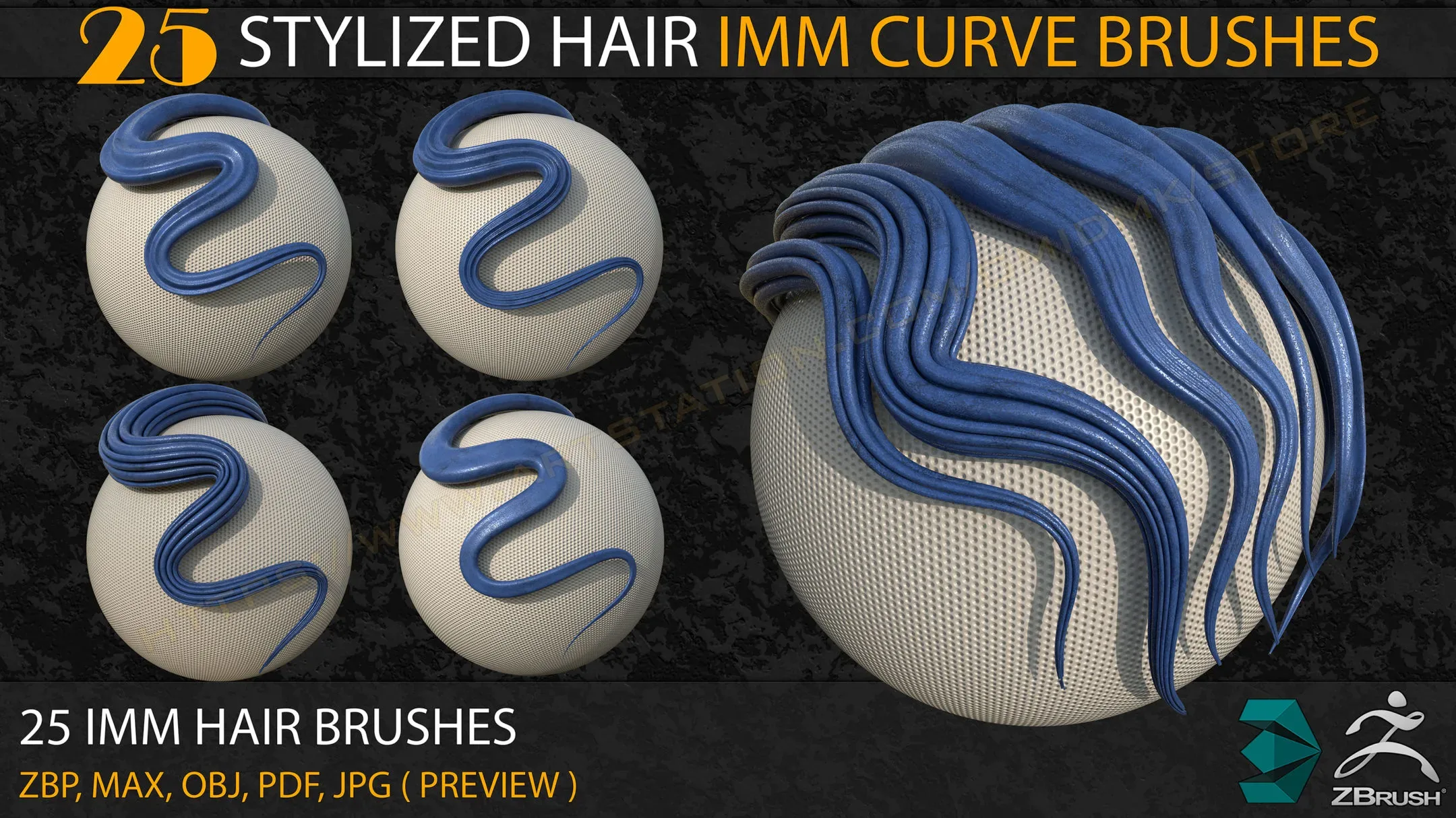 25 Stylized Hair IMM Curve Brushes+3ds Max and OBJ files ( Vol- 02)