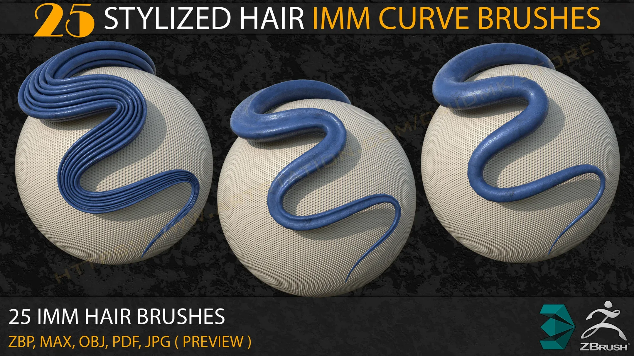 25 Stylized Hair IMM Curve Brushes+3ds Max and OBJ files ( Vol- 02)