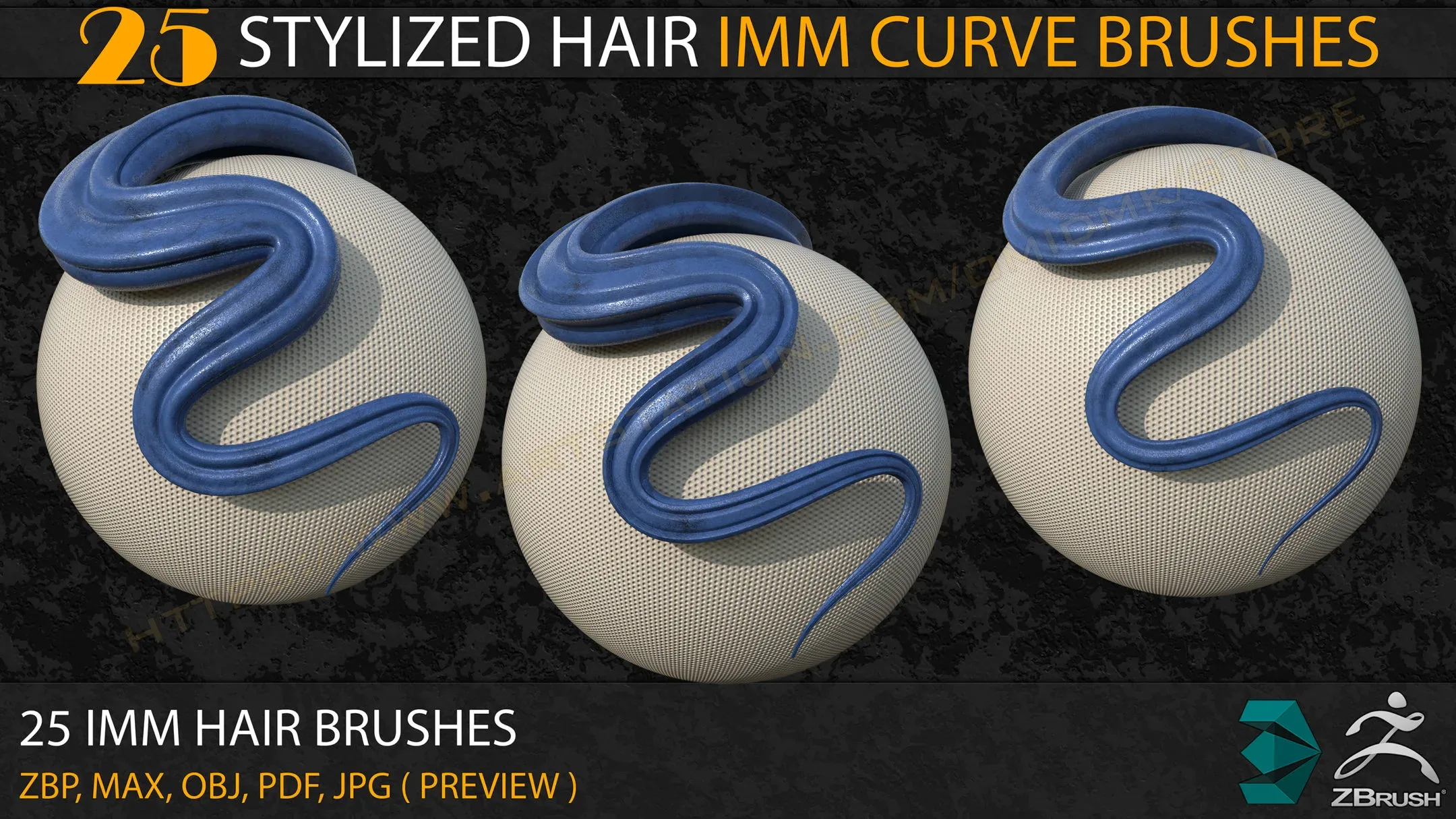 25 Stylized Hair IMM Curve Brushes+3ds Max and OBJ files ( Vol- 02)