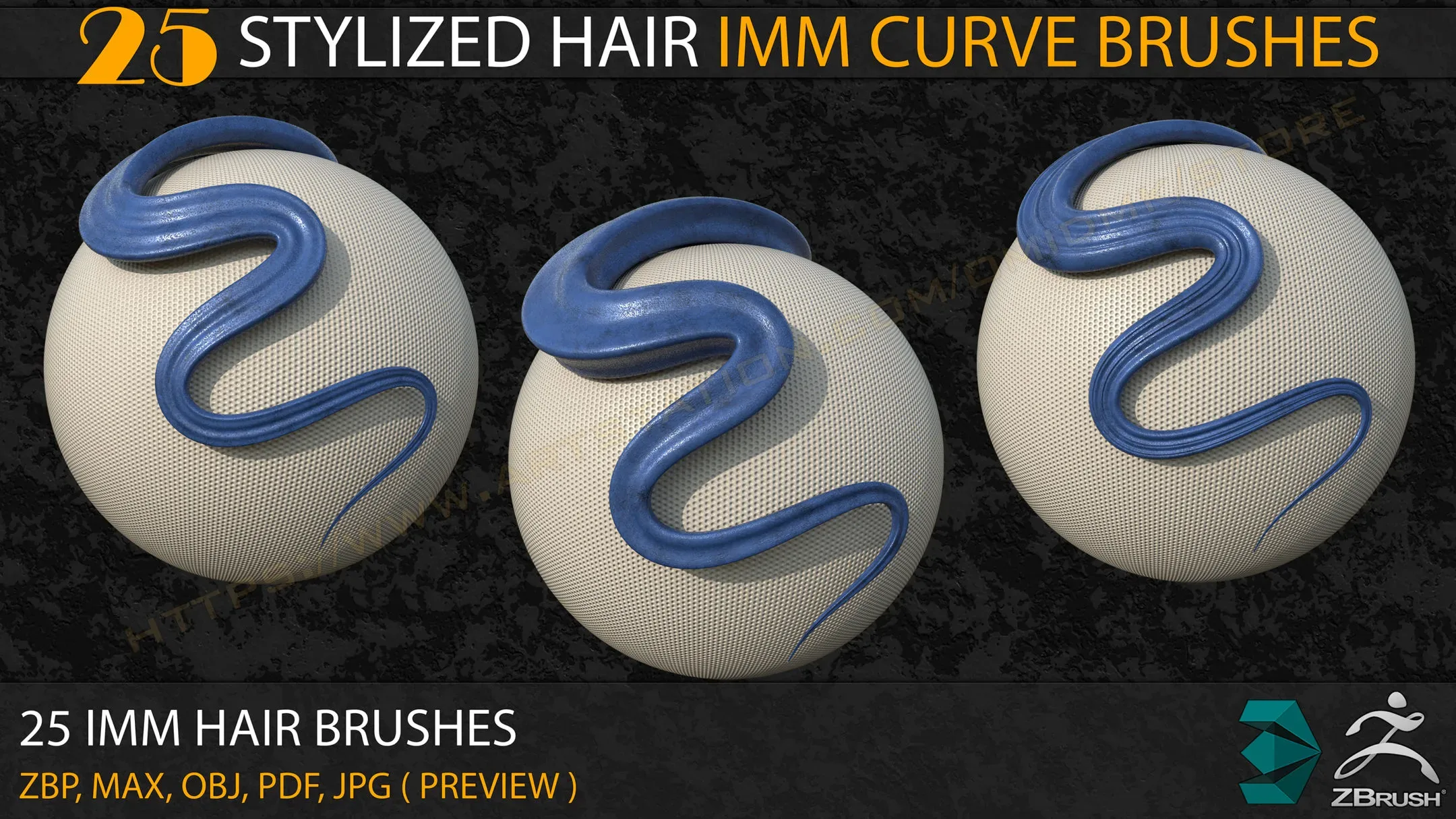 25 Stylized Hair IMM Curve Brushes+3ds Max and OBJ files ( Vol- 02)