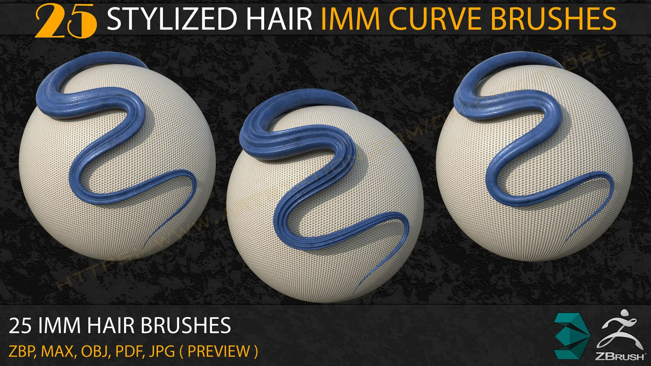 25 Stylized Hair IMM Curve Brushes+3ds Max and OBJ files ( Vol- 02)