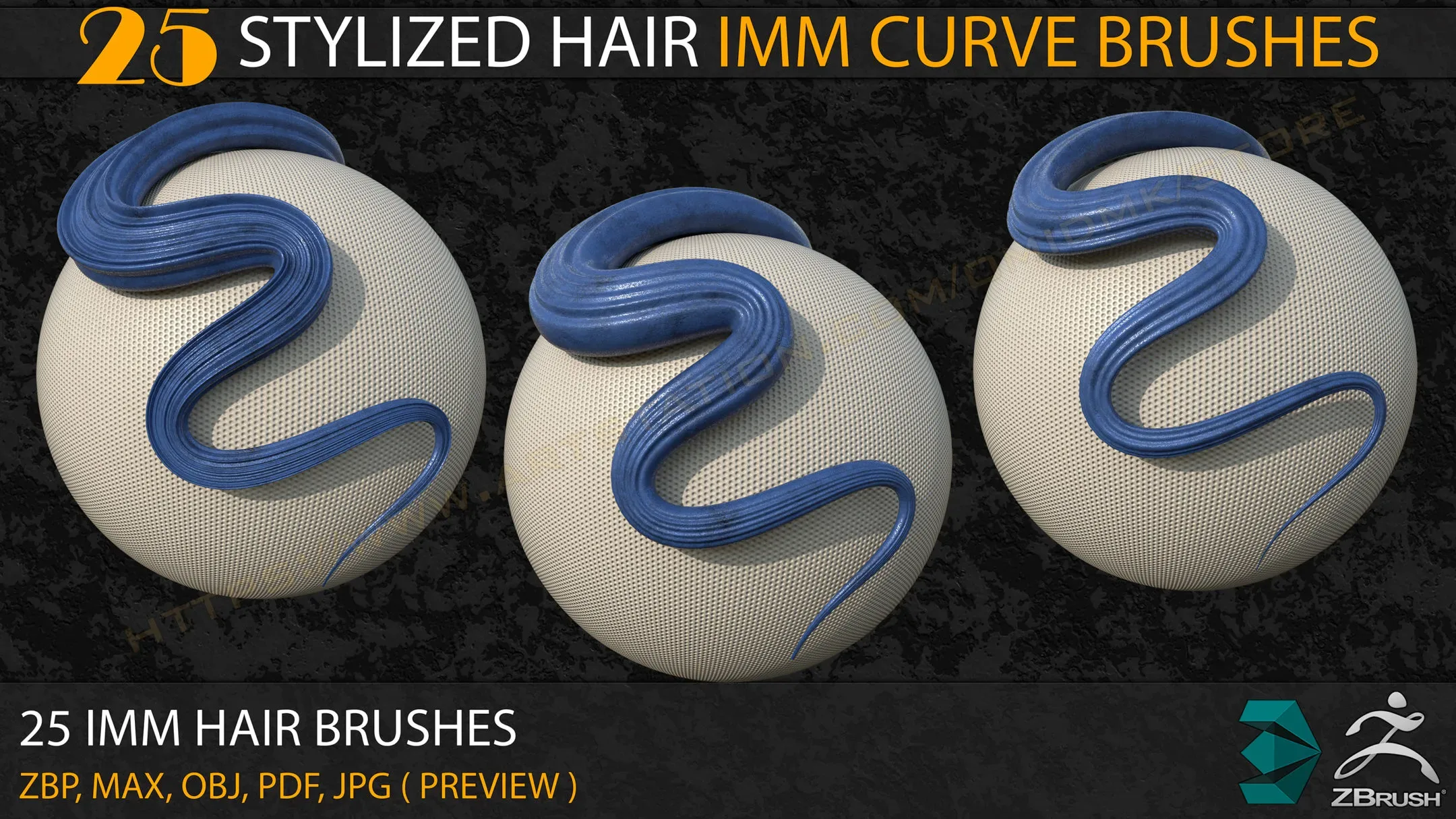 25 Stylized Hair IMM Curve Brushes+3ds Max and OBJ files ( Vol- 02)