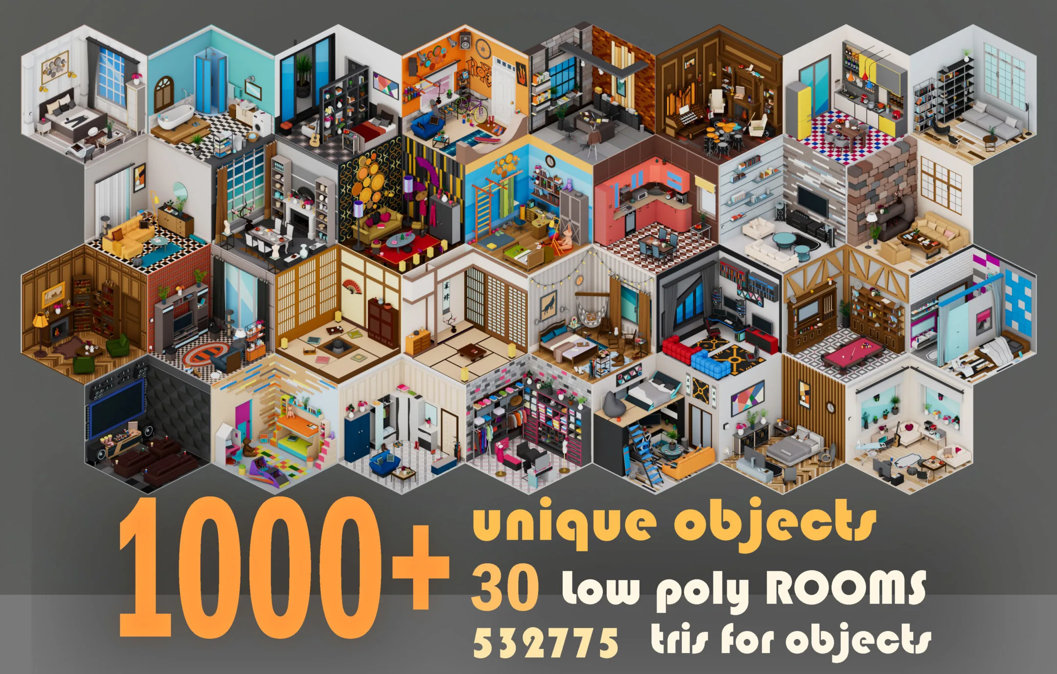 30 Low poly Rooms Interiors 1000+ unique Objects