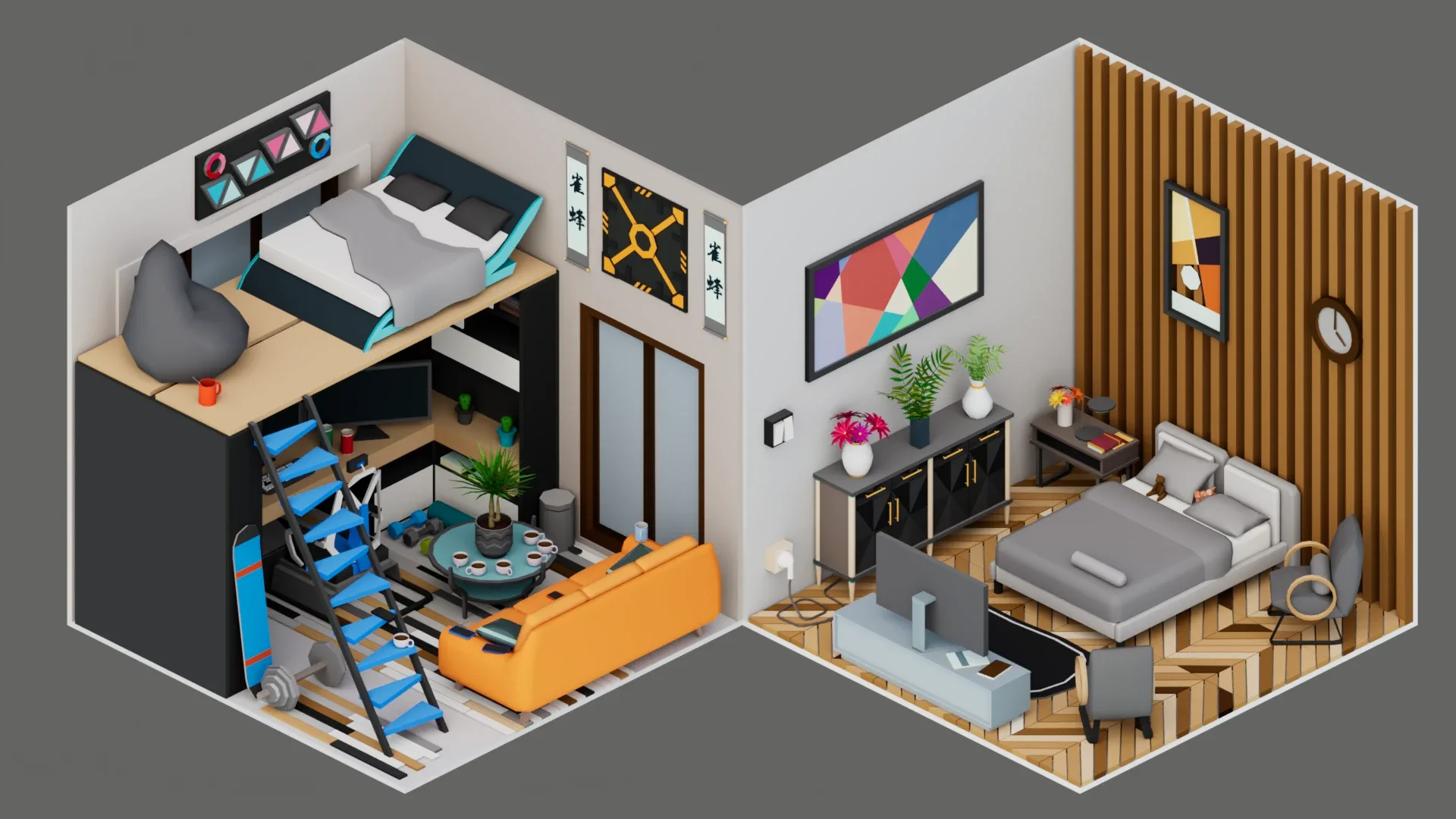 30 Low poly Rooms Interiors 1000+ unique Objects