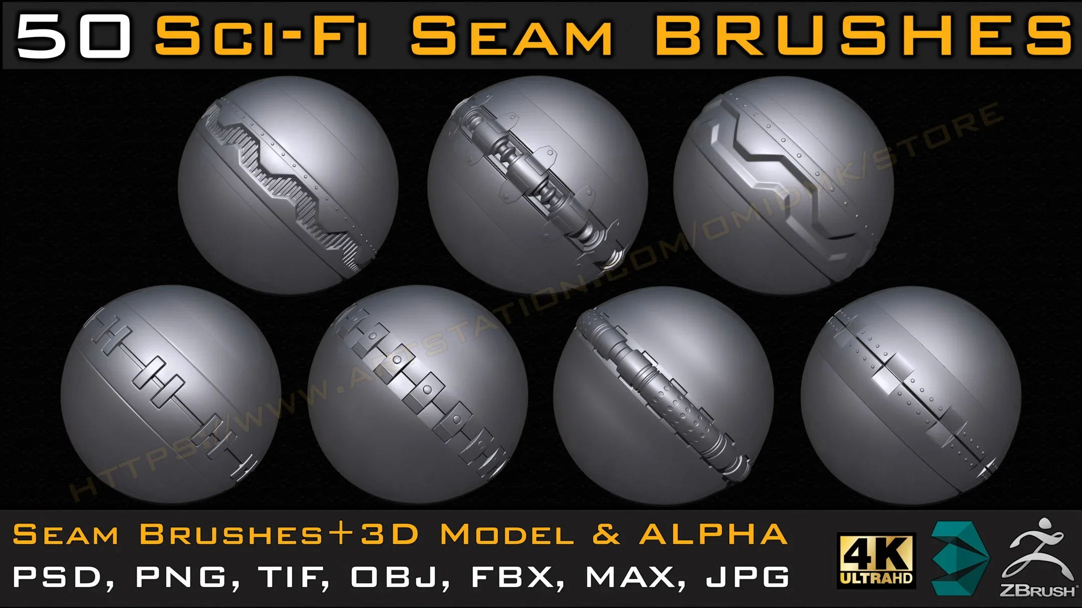 50 Sci-fi Seam Brushes+3D Model & Alpha ( Tileable 4k-16bit) Vol.01