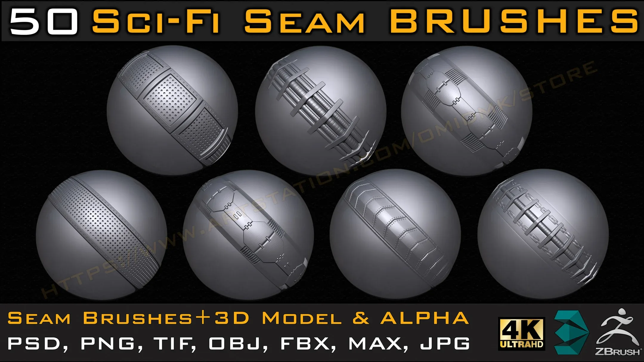 50 Sci-fi Seam Brushes+3D Model & Alpha ( Tileable 4k-16bit) Vol.01