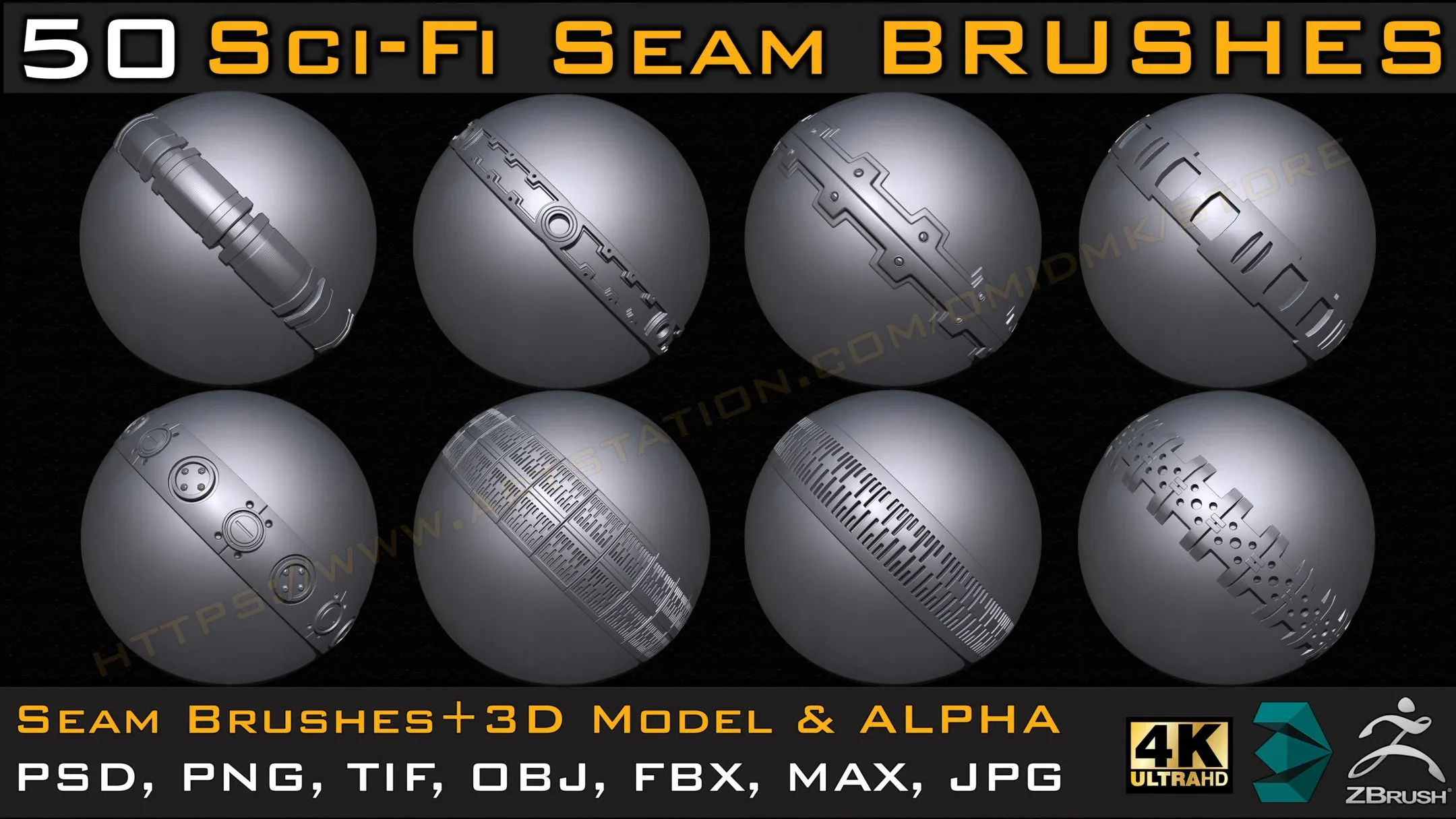 50 Sci-fi Seam Brushes+3D Model & Alpha ( Tileable 4k-16bit) Vol.01