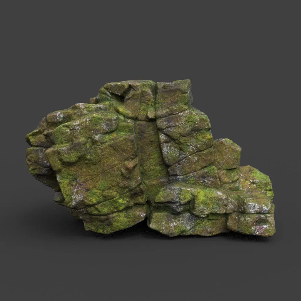 Low poly Cracked Mossy Jungle Rock 220124