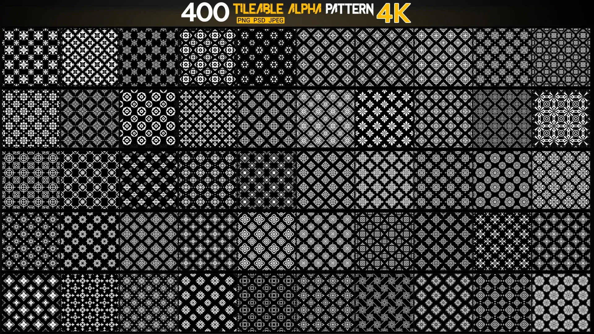 400 | Flowered and Geometrical Seamless Alpha Patterns 4K | Png + Psd +Jpg