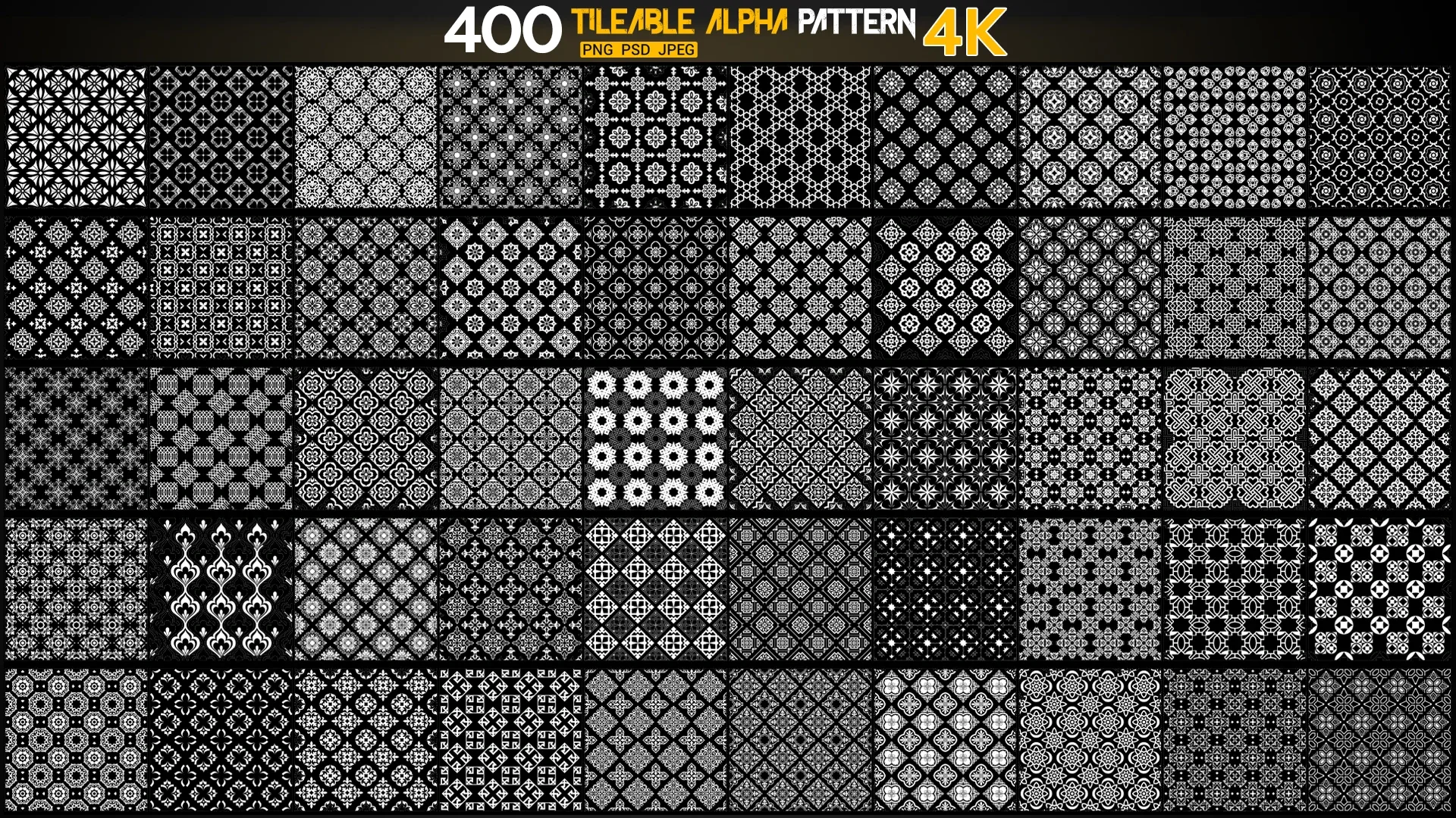 400 | Flowered and Geometrical Seamless Alpha Patterns 4K | Png + Psd +Jpg