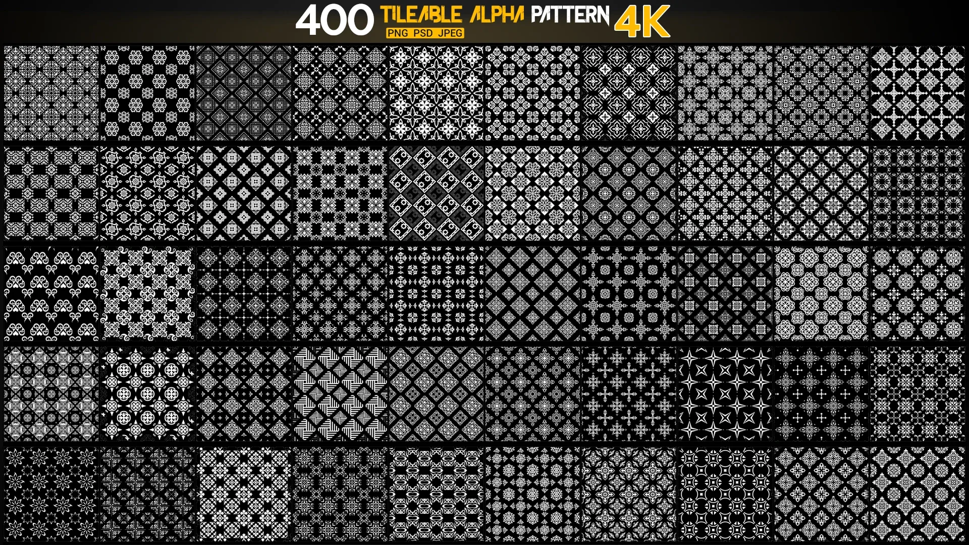 400 | Flowered and Geometrical Seamless Alpha Patterns 4K | Png + Psd +Jpg