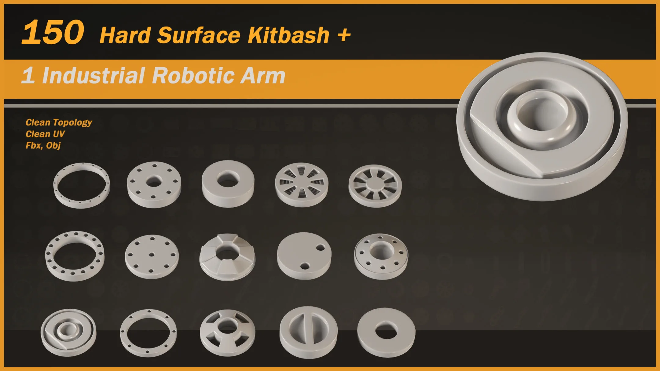 150 Hard Surface Kitbash + 1 Industrial Robotic Arm