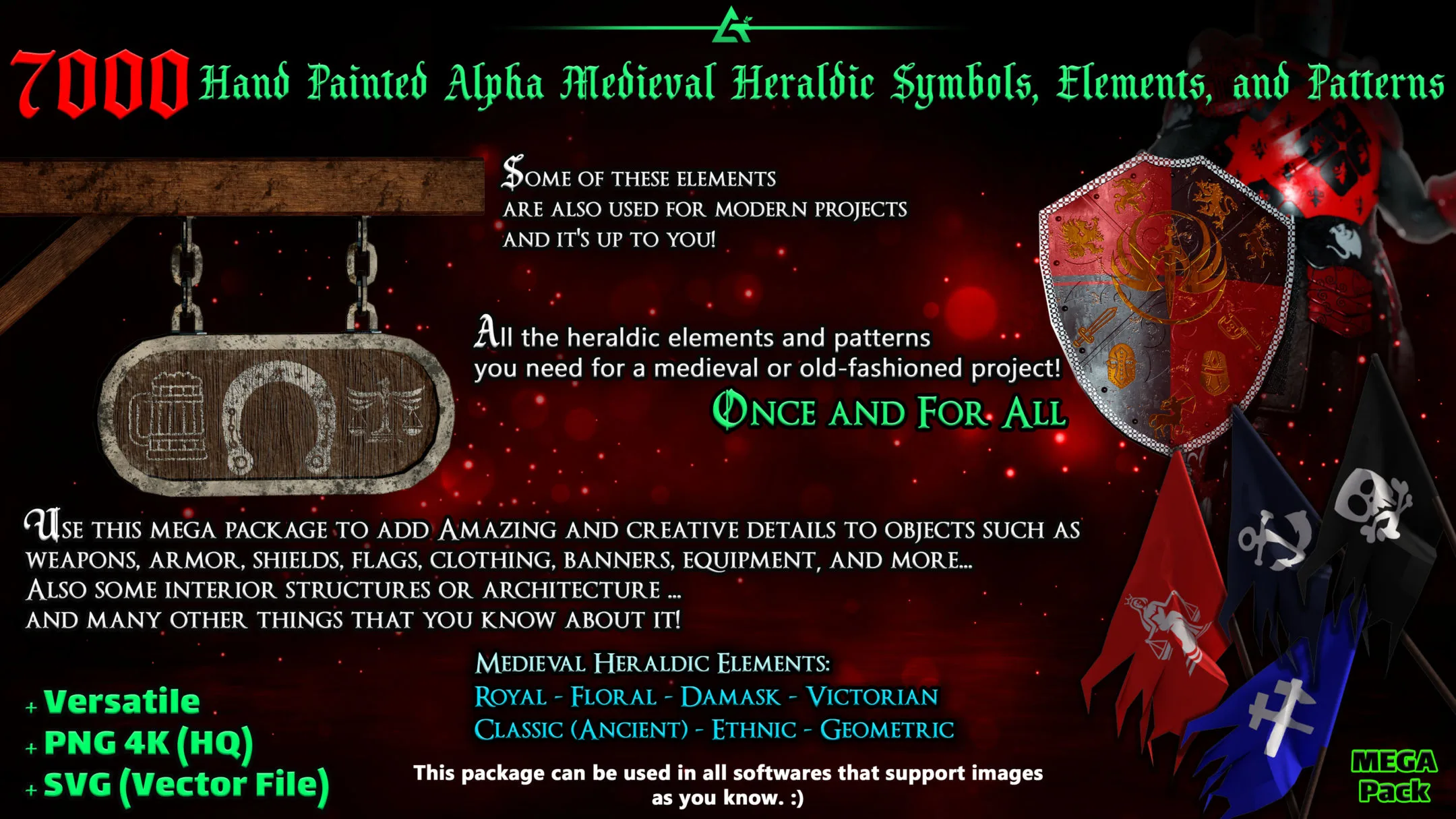 7000 Hand Painted Alpha Medieval Heraldic Symbols, Elements and Patterns (MEGA Pack) - Vol 7