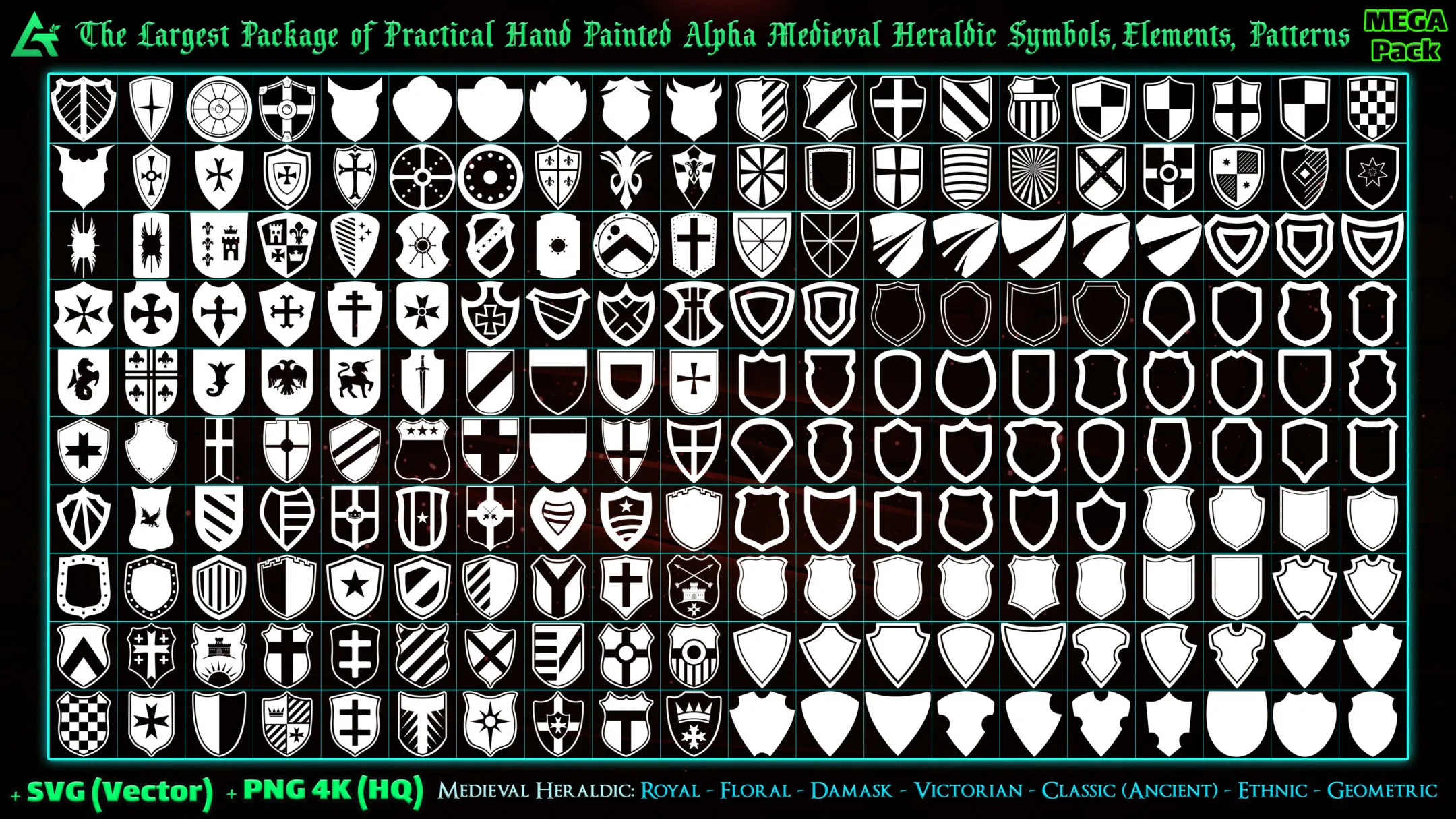 7000 Hand Painted Alpha Medieval Heraldic Symbols, Elements and Patterns (MEGA Pack) - Vol 7