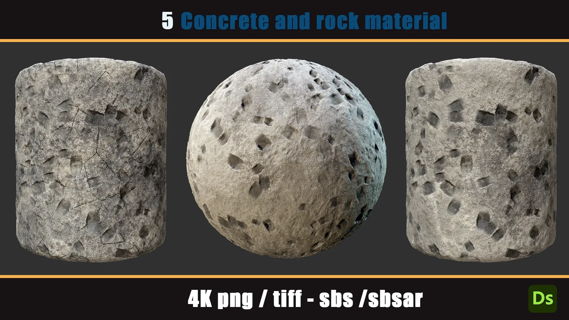 5 PBR concrete and rock material 4k PNG, TIFF, SBS, SBSAR