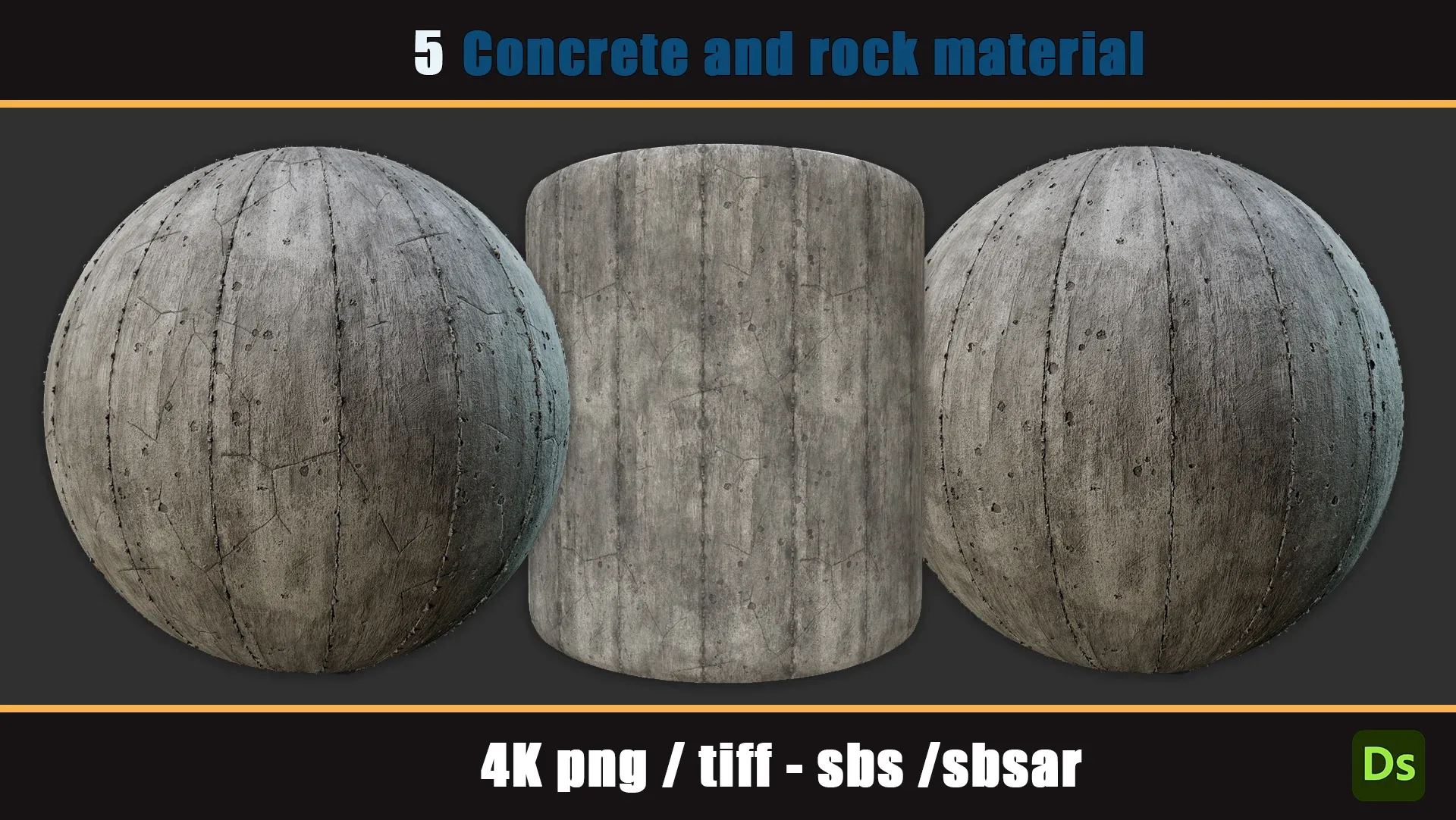 5 PBR concrete and rock material 4k PNG, TIFF, SBS, SBSAR