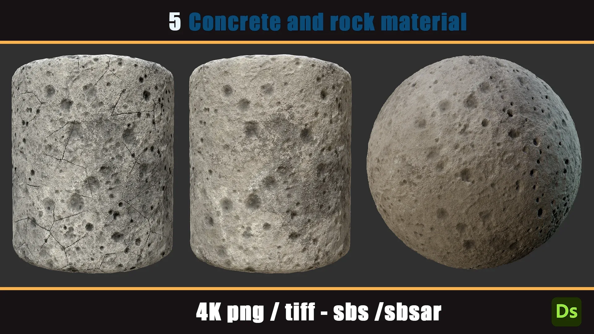 5 PBR concrete and rock material 4k PNG, TIFF, SBS, SBSAR