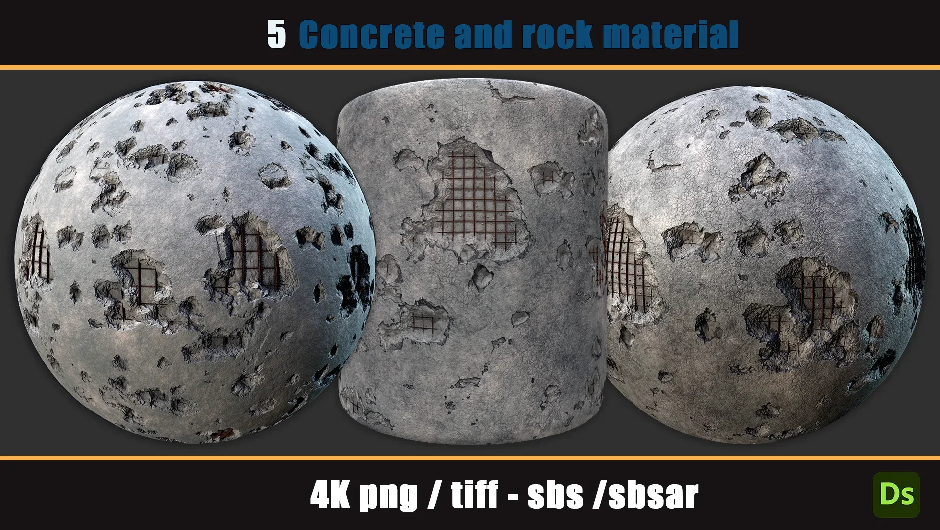 5 PBR concrete and rock material 4k PNG, TIFF, SBS, SBSAR