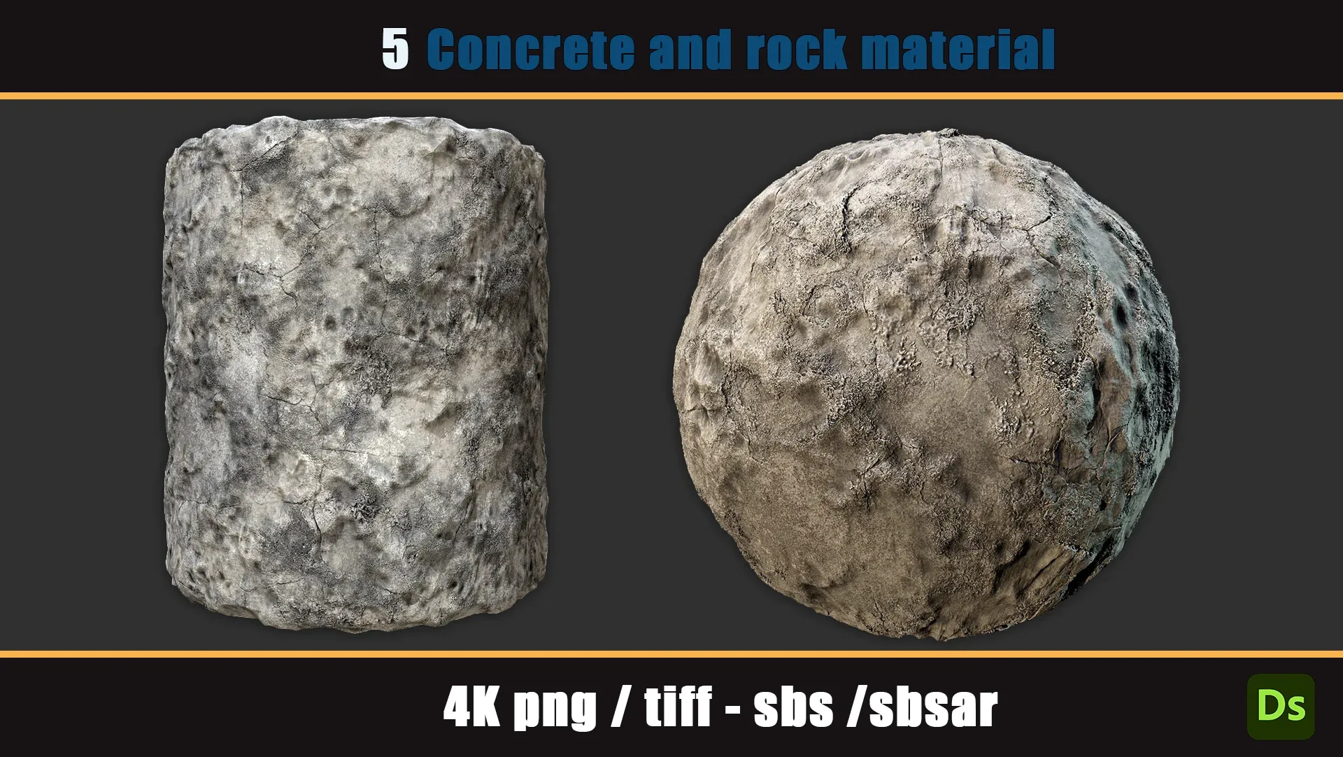 5 PBR concrete and rock material 4k PNG, TIFF, SBS, SBSAR