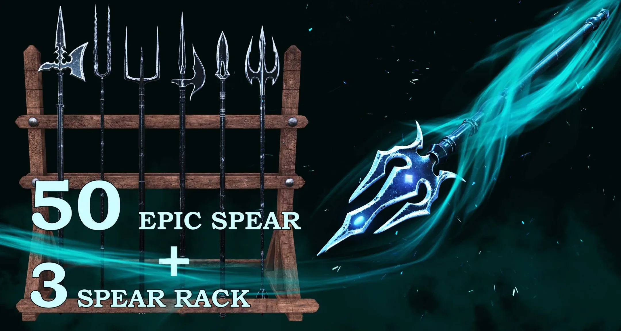 50 Epic Spear + 3 Spear Rack Base Mesh - Vol 01 (Game Raedy)