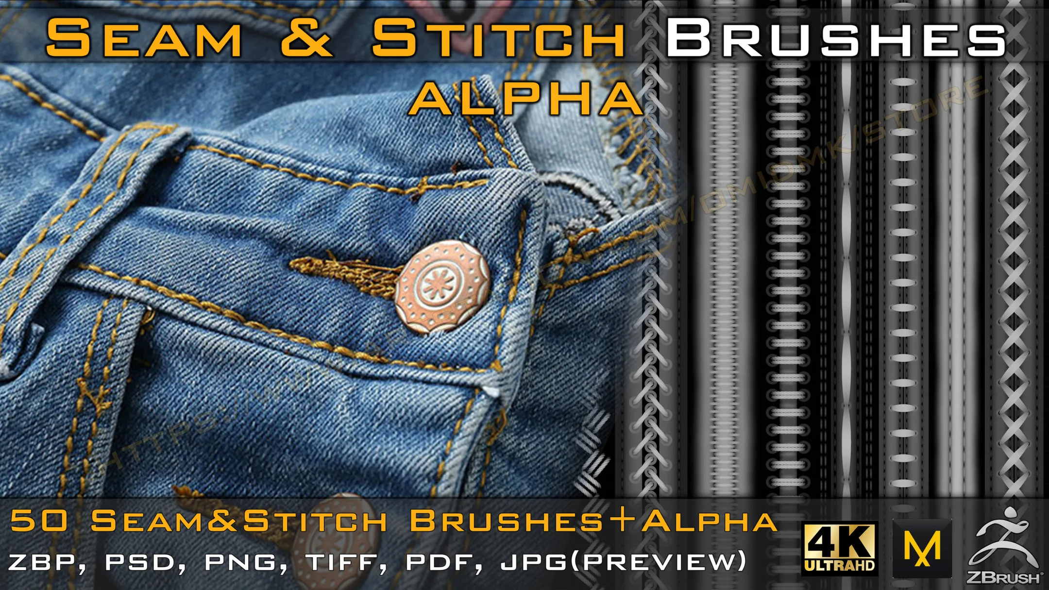 50 Seam & Stitch Brushes & Alpha (Tileable 4k-16bit) Vol.02